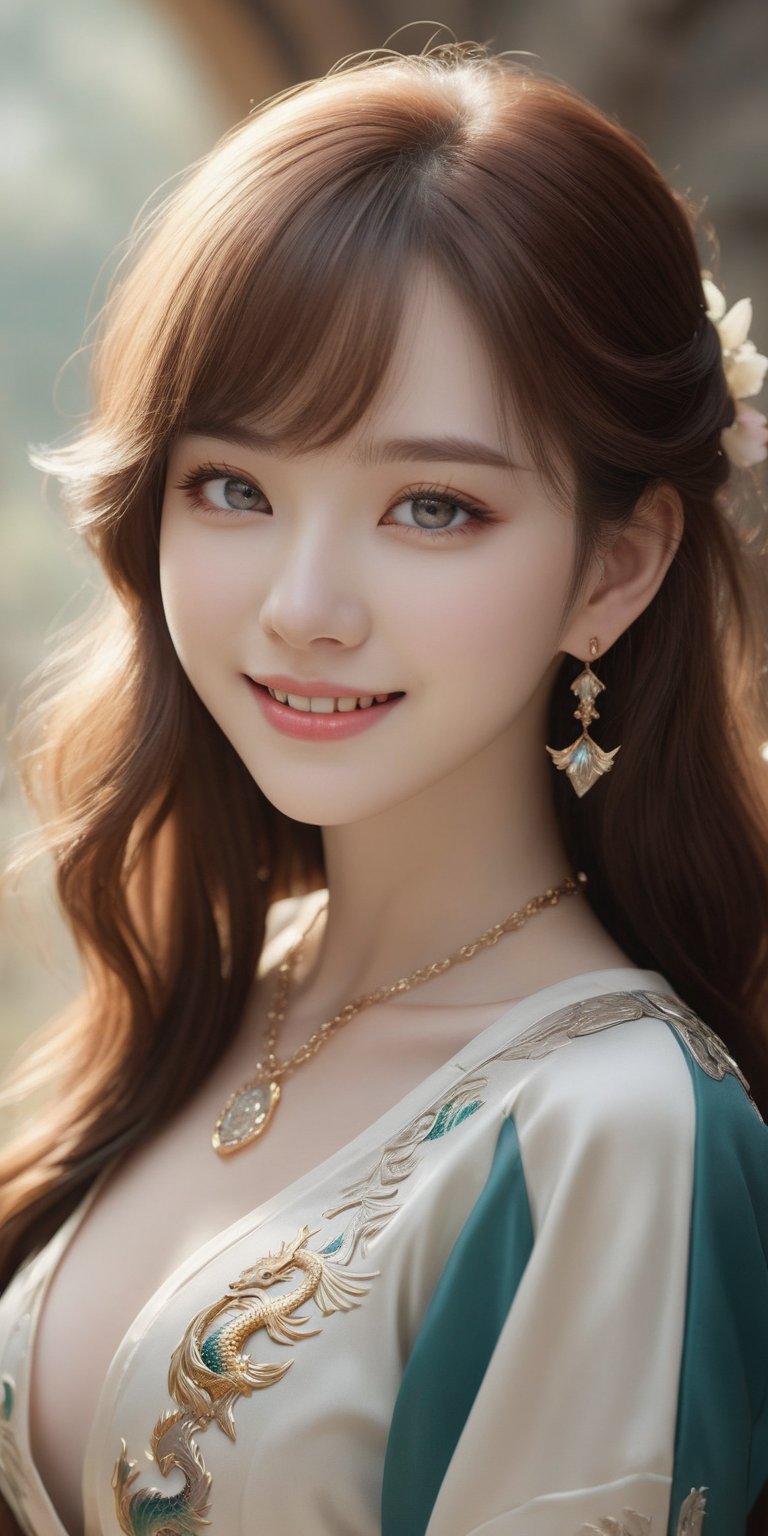 Beautiful, soft light, (beautiful and delicate eyes), very detailed, pale skin, big smile, (long hair), dreamy, medium chest, female 1, ((front shot)), bangs, soft expression, height 170, elegant , Bright smile, 8k art photo, photorealistic concept art, realistic, person, small necklace, small earrings, fantasy, jewelry, shyness, dreamy soft image, masterpiece, ultra high resolution, skirt, shirt, jacket, color , (both eyes (He gently closes his eyes, raises his head slightly, and appears absorbed in pleasant thoughts),dragon,Korean Girl