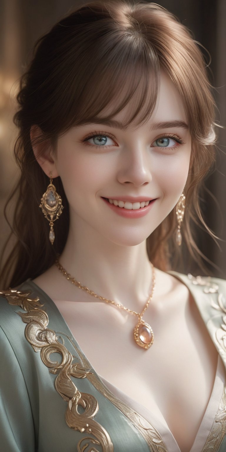 Beautiful, soft light, (beautiful and delicate eyes), very detailed, pale skin, big smile, (long hair), dreamy, medium chest, female 1, ((front shot)), bangs, soft expression, height 170, elegant , Bright smile, 8k art photo, photorealistic concept art, realistic, person, small necklace, small earrings, fantasy, jewelry, shyness, dreamy soft image, masterpiece, ultra high resolution, skirt, shirt, jacket, color , (both eyes (He gently closes his eyes, raises his head slightly, and appears absorbed in pleasant thoughts),dragon