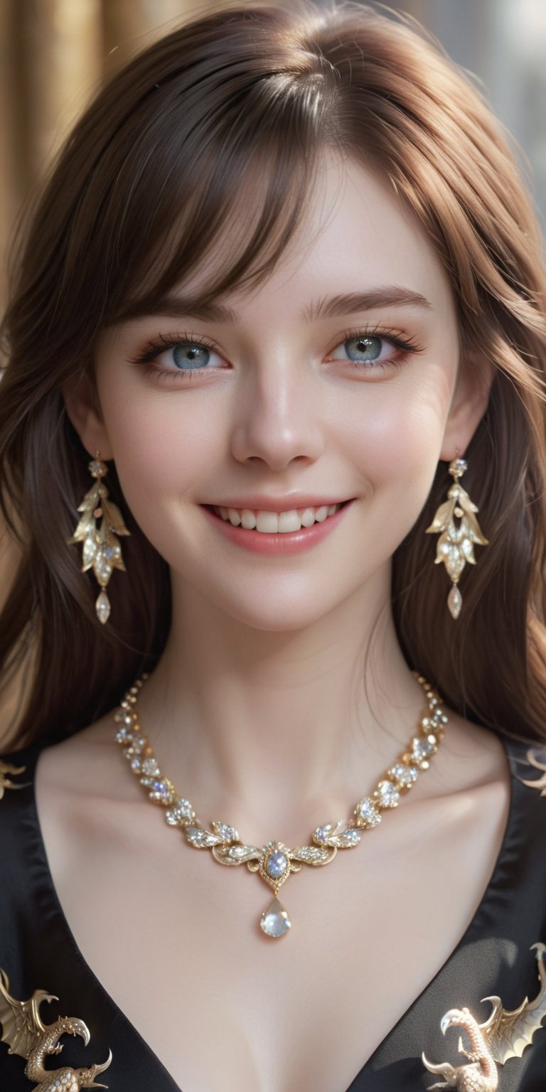 Beautiful, soft light, (beautiful and delicate eyes), very detailed, pale skin, big smile, (long hair), dreamy, medium chest, female 1, ((front shot)), bangs, soft expression, height 170, elegant , Bright smile, 8k art photo, photorealistic concept art, realistic, person, small necklace, small earrings, fantasy, jewelry, shyness, dreamy soft image, masterpiece, ultra high resolution, skirt, shirt, jacket, color , (both eyes (He gently closes his eyes, raises his head slightly, and appears absorbed in pleasant thoughts),dragon