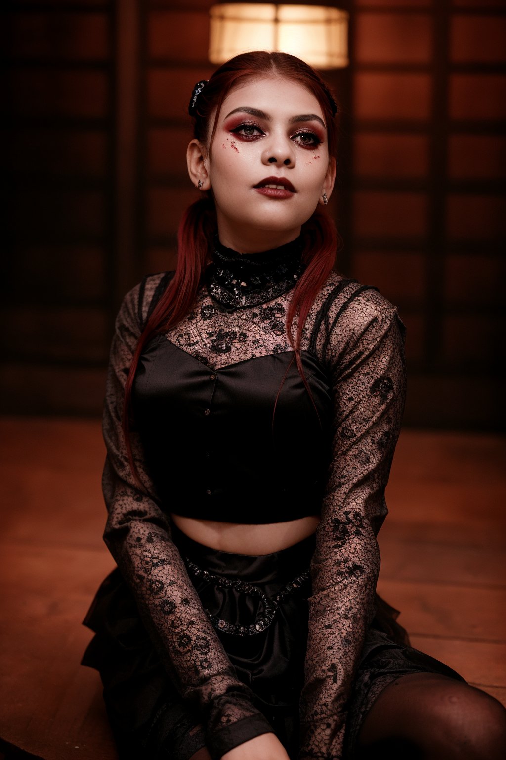 A goth girl sits languidly in the frame, her tired expression a perfect reflection of her laid-back gaze straight into the camera. Her cropped red hair is pulled back into tight white pigtails, framing her tattooed face with its intricate designs. A bold black lipstick accentuates her features, while her proportional and perfect hands rest calmly in her lap. The atmospheric lighting casts a moody glow, highlighting the rich details of her facial artistry. In 35mm photograph clarity, every aspect of this goth beauty is showcased in high definition, with red hues subtly emphasized throughout.