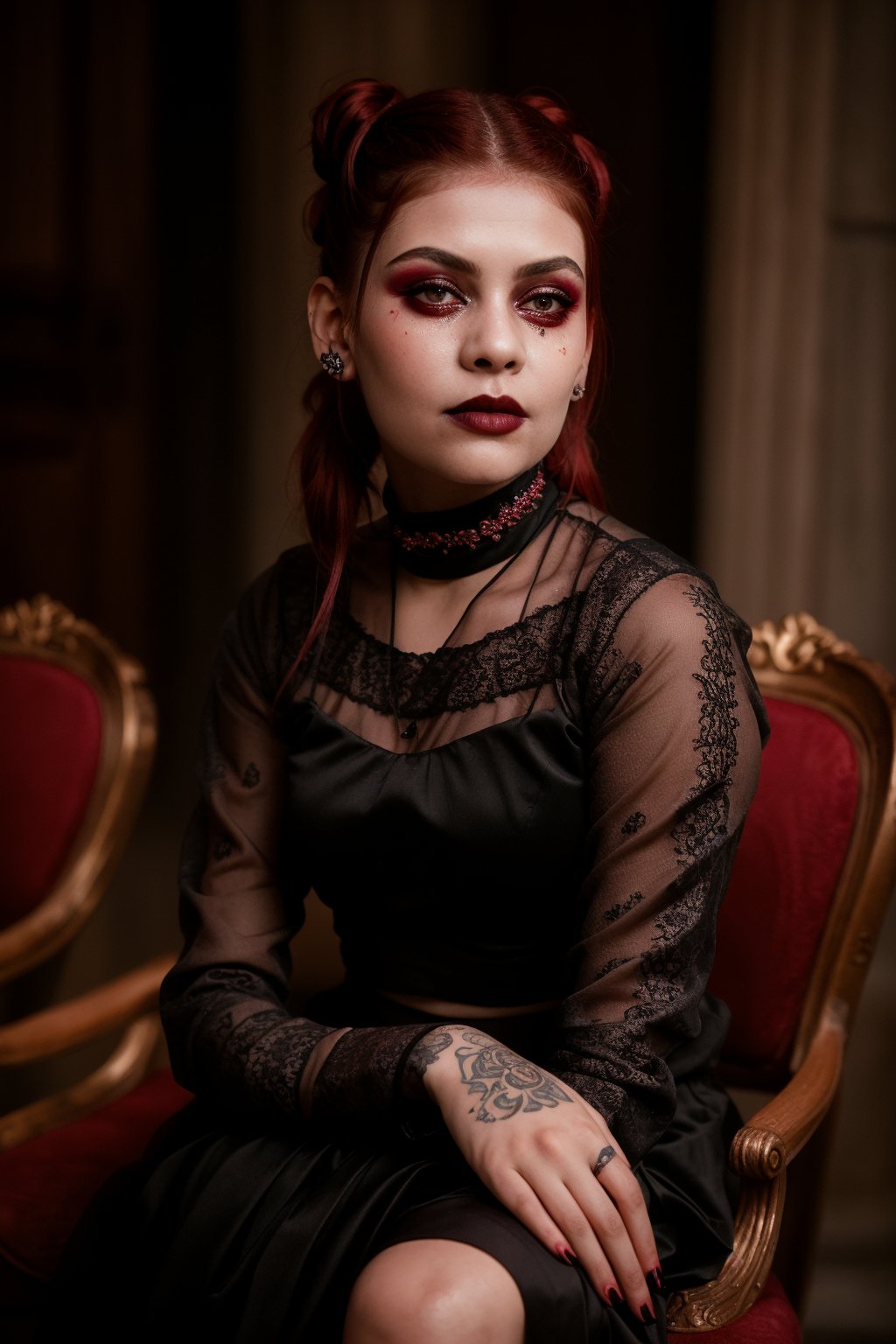 A goth girl sits languidly in the frame, her tired expression a perfect reflection of her laid-back gaze straight into the camera. Her cropped red hair is pulled back into tight white pigtails, framing her tattooed face with its intricate designs. A bold black lipstick accentuates her features, while her proportional and perfect hands rest calmly in her lap. The atmospheric lighting casts a moody glow, highlighting the rich details of her facial artistry. In 35mm photograph clarity, every aspect of this goth beauty is showcased in high definition, with red hues subtly emphasized throughout.