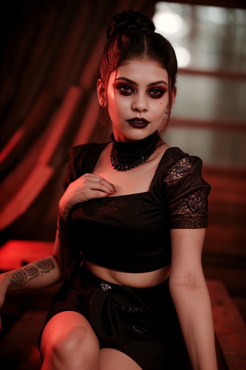 A goth girl,  midriff exposed, her tired expression a perfect reflection of her laid-back gaze straight into the camera. Two buns Her red hair is pulled back into tight white pigtails, framing her tattooed face with its intricate designs. A bold black lipstick accentuates her features, while her proportional and perfect hands rest calmly in her lap. The atmospheric lighting casts a moody glow, highlighting the rich details of her facial artistry. In 35mm photograph clarity, every aspect of this goth beauty is showcased in high definition, with red hues subtly emphasized throughout.