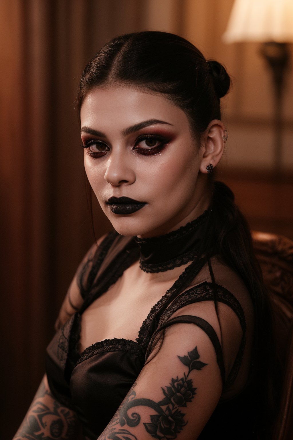 A goth girl sits languidly in the frame, her tired expression a perfect reflection of her laid-back gaze straight into the camera. Her cropped red hair is pulled back into tight white pigtails, framing her tattooed face with its intricate designs. A bold black lipstick accentuates her features, while her proportional and perfect hands rest calmly in her lap. The atmospheric lighting casts a moody glow, highlighting the rich details of her facial artistry. In 35mm photograph clarity, every aspect of this goth beauty is showcased in high definition, with red hues subtly emphasized throughout.