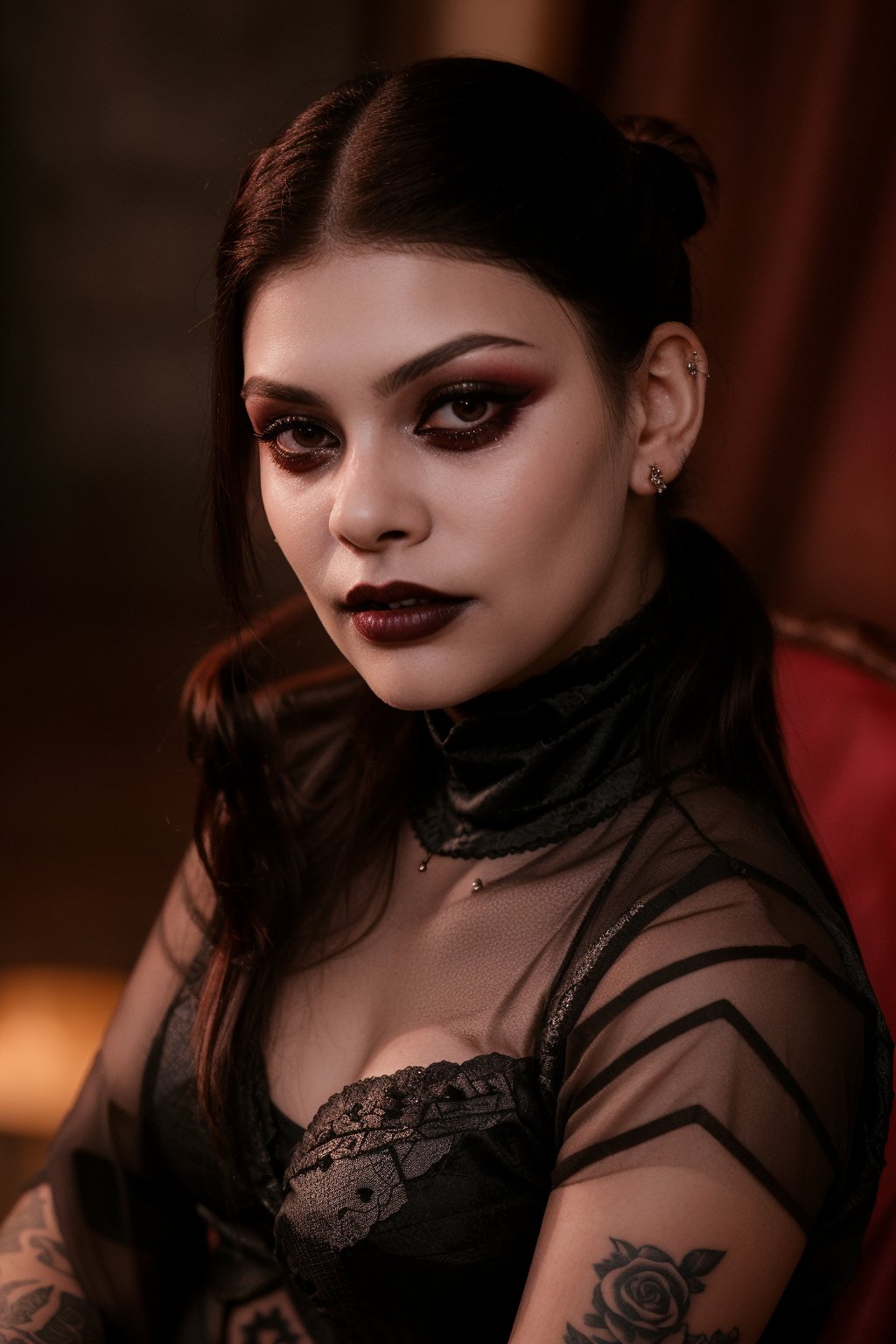 A goth girl sits languidly in the frame, her tired expression a perfect reflection of her laid-back gaze straight into the camera. Her cropped red hair is pulled back into tight white pigtails, framing her tattooed face with its intricate designs. A bold black lipstick accentuates her features, while her proportional and perfect hands rest calmly in her lap. The atmospheric lighting casts a moody glow, highlighting the rich details of her facial artistry. In 35mm photograph clarity, every aspect of this goth beauty is showcased in high definition, with red hues subtly emphasized throughout.