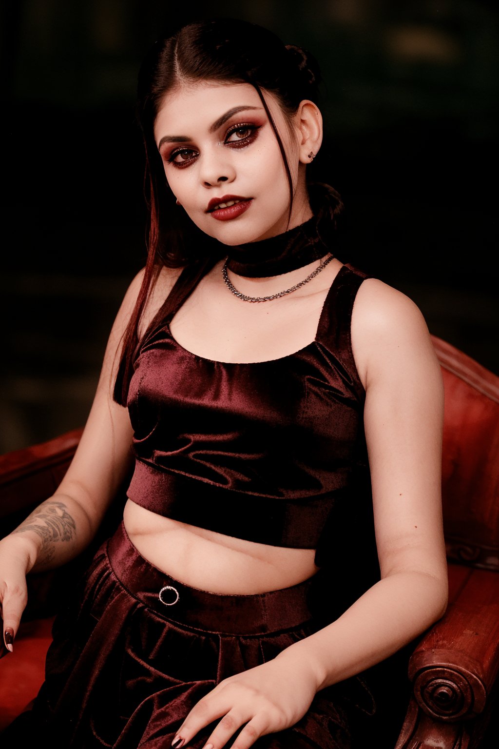 A goth girl sits languidly in the frame, midriff exposed, her tired expression a perfect reflection of her laid-back gaze straight into the camera. Her red hair is pulled back into tight white pigtails, framing her tattooed face with its intricate designs. A bold black lipstick accentuates her features, while her proportional and perfect hands rest calmly in her lap. The atmospheric lighting casts a moody glow, highlighting the rich details of her facial artistry. In 35mm photograph clarity, every aspect of this goth beauty is showcased in high definition, with red hues subtly emphasized throughout.