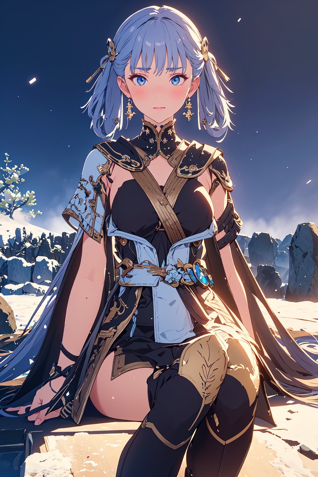 Jinhsi, 1girl, Solo, Long Silver Hair, Twin Tail Hairstyle , White Eyes, White Robe, Black Cloth, White Skirt, Long White boot, Blushing, lie down on the snow, Cow Boy Shot, split leg, Cold wind effect, old city zone, snow season, battle field, ((Best quality)), ((masterpiece)), 3D, HDR (High Dynamic Range),Ray Tracing, NVIDIA RTX, Super-Resolution, Unreal 5,Subsurface scattering, PBR Texturing, Post-processing, Anisotropic Filtering, Depth-of-field, Maximum clarity and sharpness, Multi-layered textures, Albedo and Specular maps, Surface shading, Accurate simulation of light-material interaction, Perfect proportions, Octane Render, Two-tone lighting, Wide aperture, Low ISO, White balance, Rule of thirds,8K RAW, Aura, masterpiece, best quality, Mysterious expression, magical effects like sparkles or energy, flowing robes or enchanting attire, mechanic creatures or mystical background, rim lighting, side lighting, cinematic light, ultra high res, 8k uhd, film grain, best shadow, delicate, RAW, light particles, detailed skin texture, detailed cloth texture, beautiful face, (masterpiece), best quality, expressive eyes, perfect face,