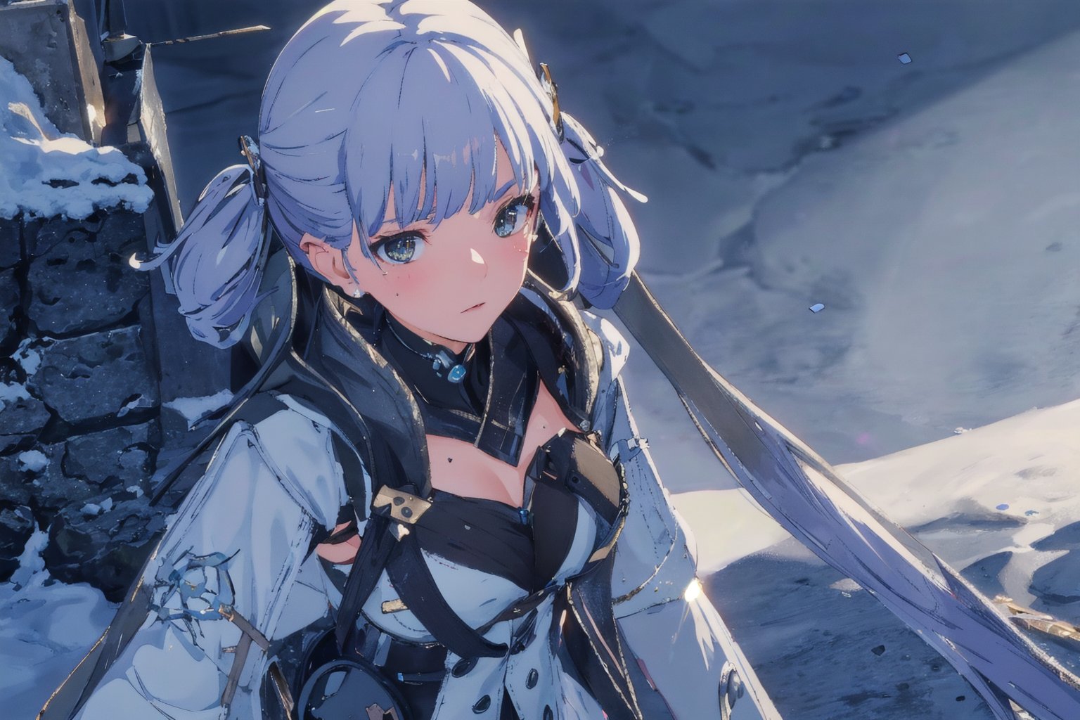 Jinhsi, 1girl, Solo, Long Silver Hair, Twin Tail Hairstyle , White Eyes, White Robe, Black Cloth, White Skirt, Long White boot, Blushing, lie down on the snow, Cow Boy Shot, split leg, Cold wind effect, old city zone, snow season, battle field, ((Best quality)), ((masterpiece)), 3D, HDR (High Dynamic Range),Ray Tracing, NVIDIA RTX, Super-Resolution, Unreal 5,Subsurface scattering, PBR Texturing, Post-processing, Anisotropic Filtering, Depth-of-field, Maximum clarity and sharpness, Multi-layered textures, Albedo and Specular maps, Surface shading, Accurate simulation of light-material interaction, Perfect proportions, Octane Render, Two-tone lighting, Wide aperture, Low ISO, White balance, Rule of thirds,8K RAW, Aura, masterpiece, best quality, Mysterious expression, magical effects like sparkles or energy, flowing robes or enchanting attire, mechanic creatures or mystical background, rim lighting, side lighting, cinematic light, ultra high res, 8k uhd, film grain, best shadow, delicate, RAW, light particles, detailed skin texture, detailed cloth texture, beautiful face, (masterpiece), best quality, expressive eyes, perfect face,