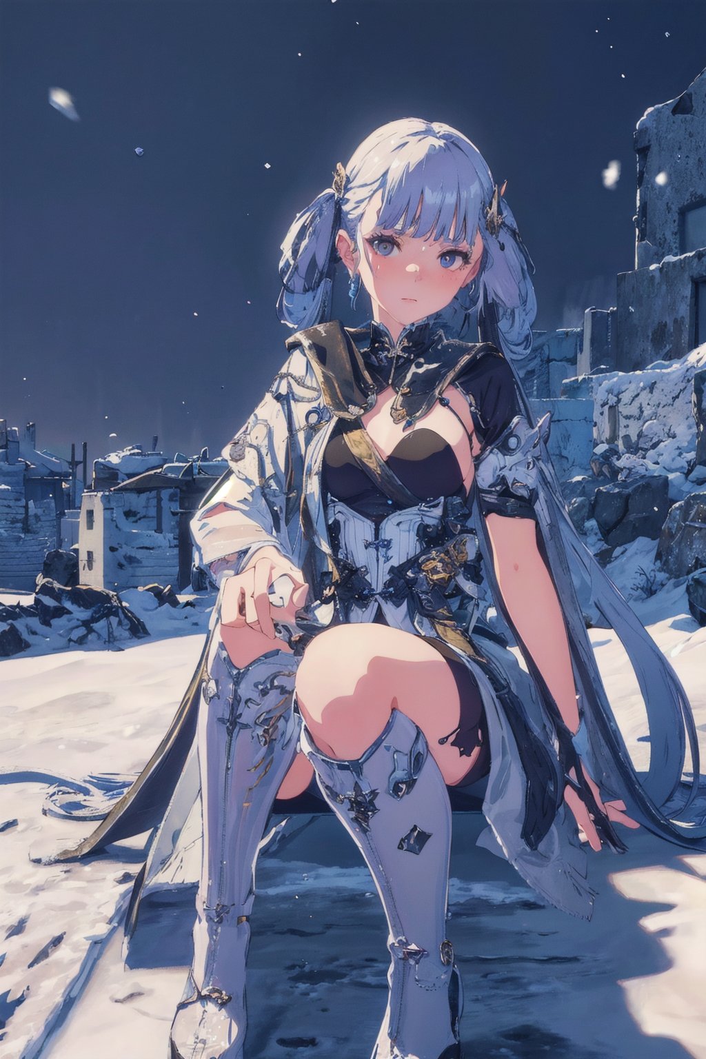 Jinhsi, 1girl, Solo, Long Silver Hair, Twin Tail Hairstyle , White Eyes, White Robe, Black Cloth, White Skirt, Long White boot, Blushing, lie down on the snow, Cow Boy Shot, split leg, Cold wind effect, old city zone, snow season, battle field, ((Best quality)), ((masterpiece)), 3D, HDR (High Dynamic Range),Ray Tracing, NVIDIA RTX, Super-Resolution, Unreal 5,Subsurface scattering, PBR Texturing, Post-processing, Anisotropic Filtering, Depth-of-field, Maximum clarity and sharpness, Multi-layered textures, Albedo and Specular maps, Surface shading, Accurate simulation of light-material interaction, Perfect proportions, Octane Render, Two-tone lighting, Wide aperture, Low ISO, White balance, Rule of thirds,8K RAW, Aura, masterpiece, best quality, Mysterious expression, magical effects like sparkles or energy, flowing robes or enchanting attire, mechanic creatures or mystical background, rim lighting, side lighting, cinematic light, ultra high res, 8k uhd, film grain, best shadow, delicate, RAW, light particles, detailed skin texture, detailed cloth texture, beautiful face, (masterpiece), best quality, expressive eyes, perfect face,