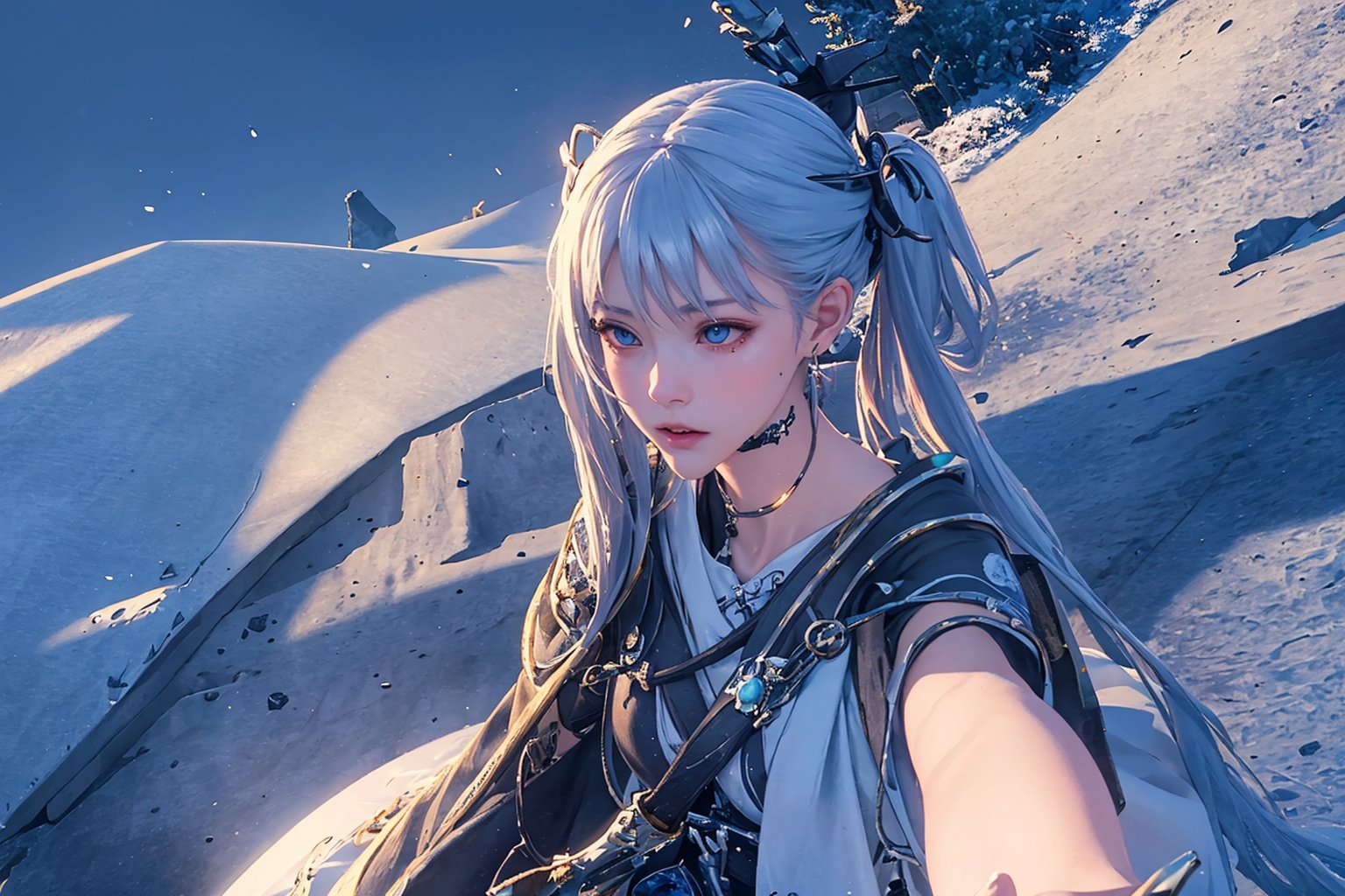 Jinhsi, 1girl, Solo, Long Silver Hair, Twin Tail Hairstyle , White Eyes, White Robe, Black Cloth, White Skirt, Long White boot, Blushing, lie down on the snow, Cow Boy Shot, split leg, Cold wind effect, old city zone, snow season, battle field, ((Best quality)), ((masterpiece)), 3D, HDR (High Dynamic Range),Ray Tracing, NVIDIA RTX, Super-Resolution, Unreal 5,Subsurface scattering, PBR Texturing, Post-processing, Anisotropic Filtering, Depth-of-field, Maximum clarity and sharpness, Multi-layered textures, Albedo and Specular maps, Surface shading, Accurate simulation of light-material interaction, Perfect proportions, Octane Render, Two-tone lighting, Wide aperture, Low ISO, White balance, Rule of thirds,8K RAW, Aura, masterpiece, best quality, Mysterious expression, magical effects like sparkles or energy, flowing robes or enchanting attire, mechanic creatures or mystical background, rim lighting, side lighting, cinematic light, ultra high res, 8k uhd, film grain, best shadow, delicate, RAW, light particles, detailed skin texture, detailed cloth texture, beautiful face, (masterpiece), best quality, expressive eyes, perfect face,