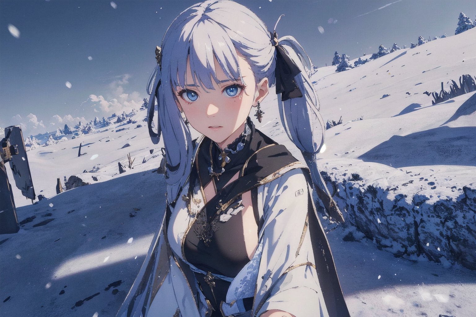 Jinhsi, 1girl, Solo, Long Silver Hair, Twin Tail Hairstyle , White Eyes, White Robe, Black Cloth, White Skirt, Long White boot, Blushing, lie down on the snow, Cow Boy Shot, split leg, Cold wind effect, old city zone, snow season, battle field, ((Best quality)), ((masterpiece)), 3D, HDR (High Dynamic Range),Ray Tracing, NVIDIA RTX, Super-Resolution, Unreal 5,Subsurface scattering, PBR Texturing, Post-processing, Anisotropic Filtering, Depth-of-field, Maximum clarity and sharpness, Multi-layered textures, Albedo and Specular maps, Surface shading, Accurate simulation of light-material interaction, Perfect proportions, Octane Render, Two-tone lighting, Wide aperture, Low ISO, White balance, Rule of thirds,8K RAW, Aura, masterpiece, best quality, Mysterious expression, magical effects like sparkles or energy, flowing robes or enchanting attire, mechanic creatures or mystical background, rim lighting, side lighting, cinematic light, ultra high res, 8k uhd, film grain, best shadow, delicate, RAW, light particles, detailed skin texture, detailed cloth texture, beautiful face, (masterpiece), best quality, expressive eyes, perfect face,