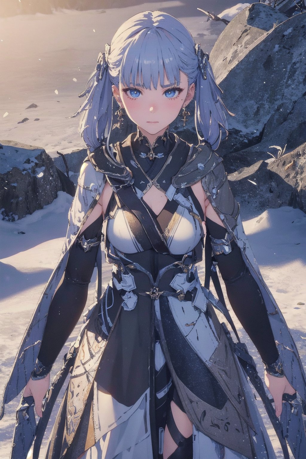 Jinhsi, 1girl, Solo, Long Silver Hair, Twin Tail Hairstyle , White Eyes, White Robe, Black Cloth, White Skirt, Long White boot, Blushing, lie down on the snow, Cow Boy Shot, split leg, Cold wind effect, old city zone, snow season, battle field, ((Best quality)), ((masterpiece)), 3D, HDR (High Dynamic Range),Ray Tracing, NVIDIA RTX, Super-Resolution, Unreal 5,Subsurface scattering, PBR Texturing, Post-processing, Anisotropic Filtering, Depth-of-field, Maximum clarity and sharpness, Multi-layered textures, Albedo and Specular maps, Surface shading, Accurate simulation of light-material interaction, Perfect proportions, Octane Render, Two-tone lighting, Wide aperture, Low ISO, White balance, Rule of thirds,8K RAW, Aura, masterpiece, best quality, Mysterious expression, magical effects like sparkles or energy, flowing robes or enchanting attire, mechanic creatures or mystical background, rim lighting, side lighting, cinematic light, ultra high res, 8k uhd, film grain, best shadow, delicate, RAW, light particles, detailed skin texture, detailed cloth texture, beautiful face, (masterpiece), best quality, expressive eyes, perfect face,