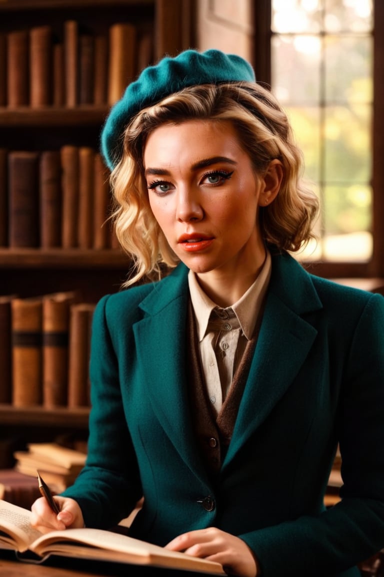 HQ photography, closeup portrait, sharp focus, bokeh background, high contrast, In a serene, cinematic setting, a lovely, young woman, reminiscent of Angeline, sits in an antique university library, looking at the book, Degas-like attention to detail captures every curl and curve of her body. In the background, an antique library full of books and ladders is bathed by the afternoon sun rays, creating a sense of depth and atmosphere. The overall effect is stunning, with cinematic flair, masterpiece, shines brightly on ArtStation, trending for all to admire.,dark academia outfit, brown teal color palette, Rembrandt Lighting Style,darkacademia,photorealistic,tweed blazer, collar shirt, beret,Kodak Motion Picture Film Style,Vanessa Kirby