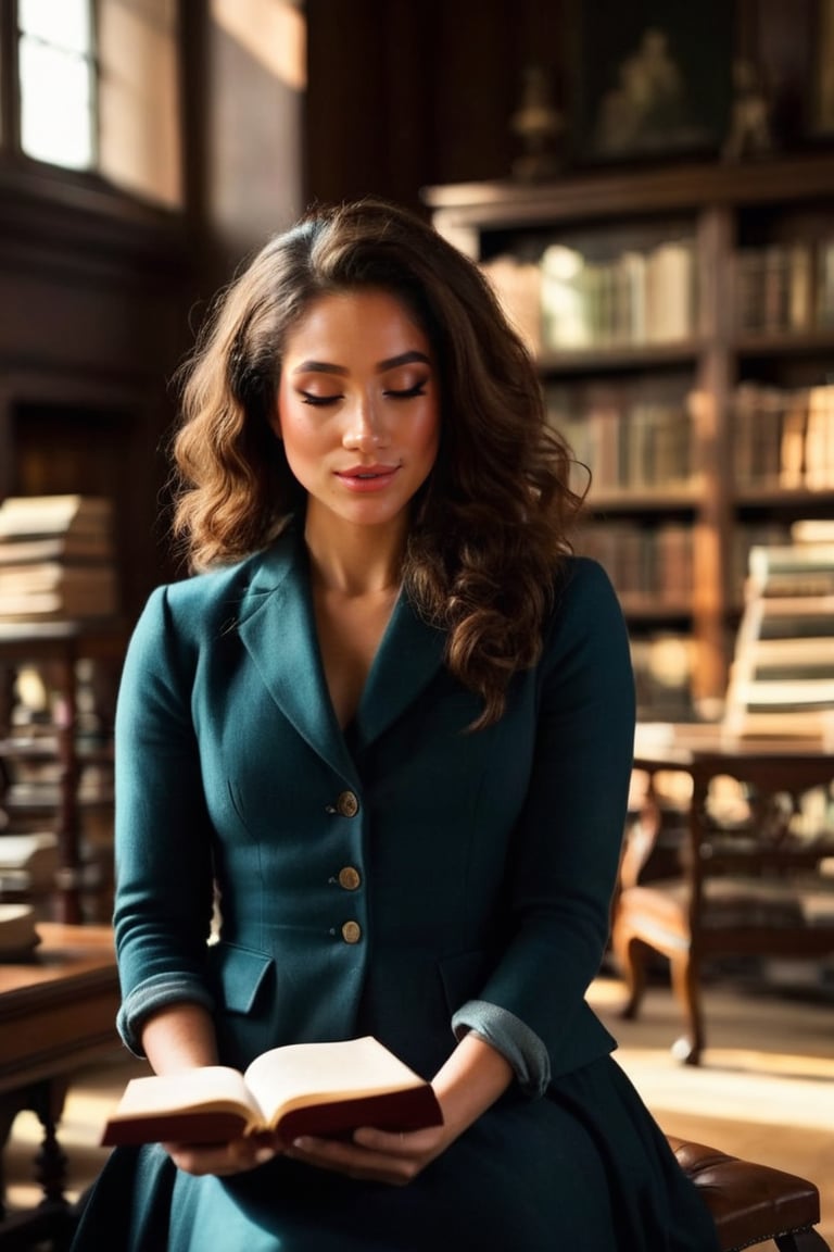 HQ photography, closeup portrait, sharp focus, bokeh background, high contrast, In a serene, cinematic setting, a lovely, young woman, reminiscent of Angeline, sits in an antique university library, looking at the book, Degas-like attention to detail captures every curl and curve of her body. In the background, an antique library full of books and ladders is bathed by the afternoon sun rays, creating a sense of depth and atmosphere. The overall effect is stunning, with cinematic flair, masterpiece, shines brightly on ArtStation, trending for all to admire.,dark academia outfit, brown teal color palette, Rembrandt Lighting Style,darkacademia,photorealistic,tweed blazer, collar shirt, beret,Kodak Motion Picture Film Style,megxmrkl