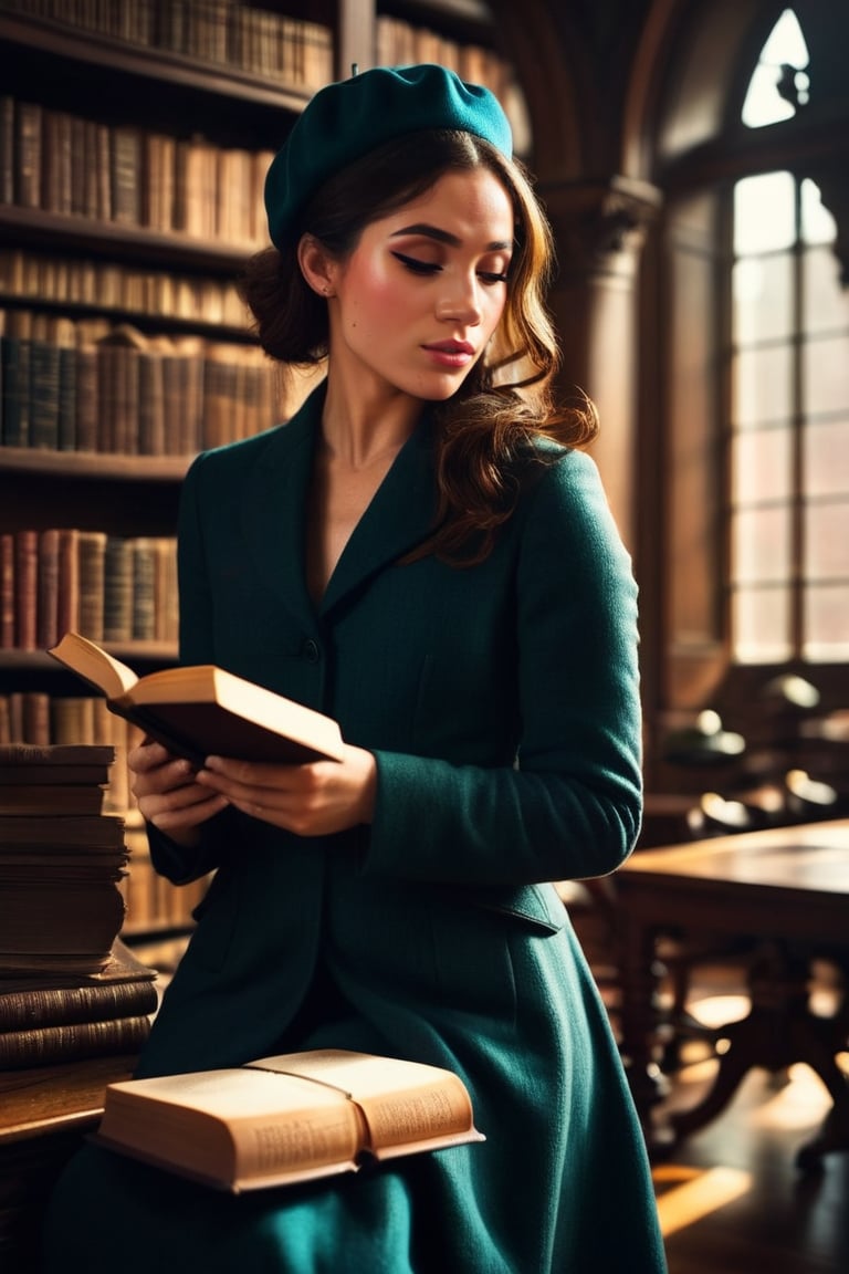 HQ photography, closeup portrait, sharp focus, bokeh background, high contrast, In a serene, cinematic setting, a lovely, young woman, reminiscent of Angeline, sits in an antique university library, looking at the book, Degas-like attention to detail captures every curl and curve of her body. In the background, an antique library full of books and ladders is bathed by the afternoon sun rays, creating a sense of depth and atmosphere. The overall effect is stunning, with cinematic flair, masterpiece, shines brightly on ArtStation, trending for all to admire.,dark academia outfit, brown teal color palette, Rembrandt Lighting Style,darkacademia,photorealistic,tweed blazer, collar shirt, beret,Kodak Motion Picture Film Style,megxmrkl