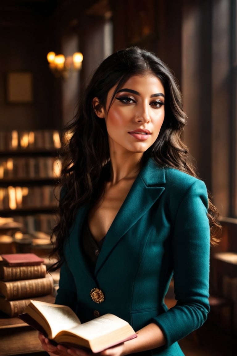 HQ photography, closeup portrait, sharp focus, bokeh background, high contrast, In a serene, cinematic setting, a lovely, young woman, reminiscent of Angeline, sits in an antique university library, looking at the book, Degas-like attention to detail captures every curl and curve of her body. In the background, an antique library full of books and ladders is bathed by the afternoon sun rays, creating a sense of depth and atmosphere. The overall effect is stunning, with cinematic flair, masterpiece, shines brightly on ArtStation, trending for all to admire.,dark academia outfit, brown teal color palette, Rembrandt Lighting Style,darkacademia,photorealistic,tweed blazer, collar shirt, beret,Kodak Motion Picture Film Style,ambre_vourvahis_xl