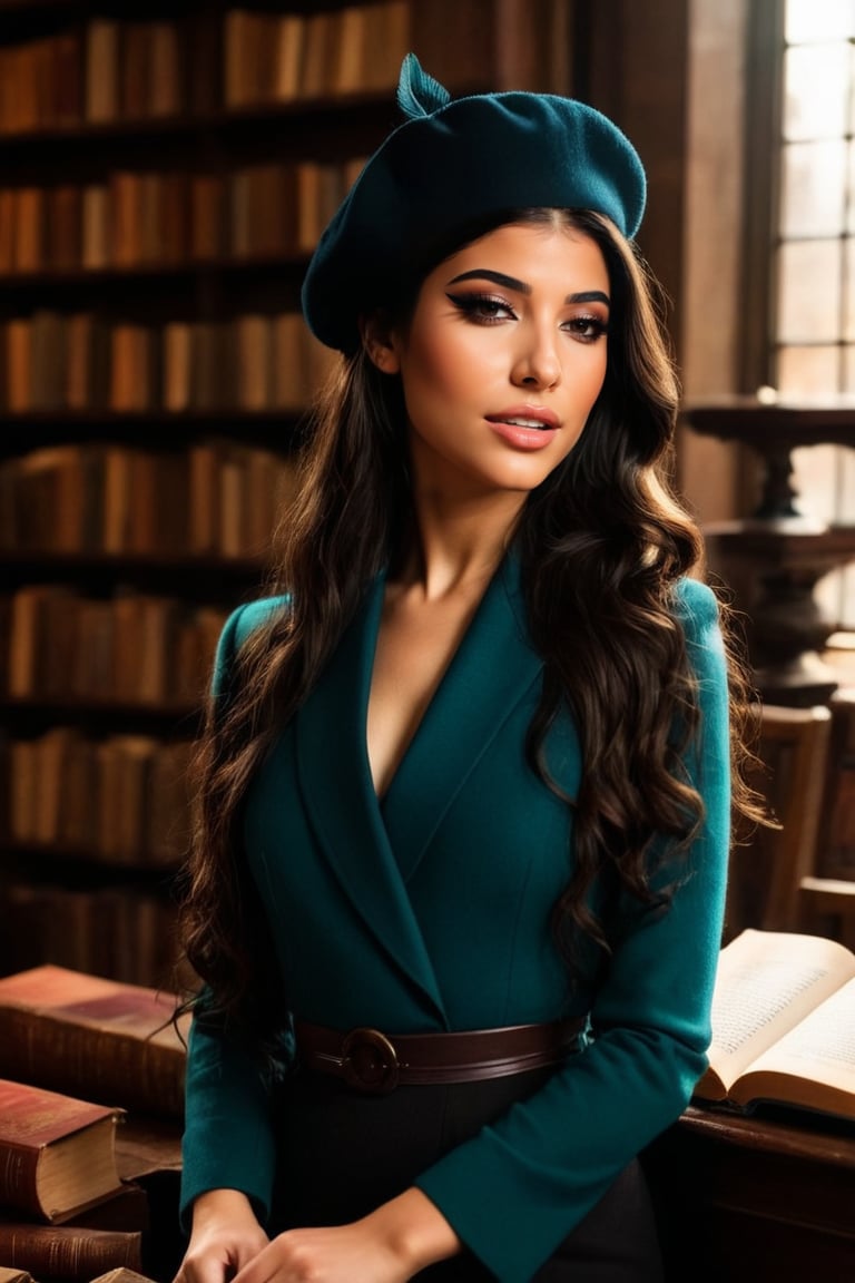 HQ photography, closeup portrait, sharp focus, bokeh background, high contrast, In a serene, cinematic setting, a lovely, young woman, reminiscent of Angeline, sits in an antique university library, looking at the book, Degas-like attention to detail captures every curl and curve of her body. In the background, an antique library full of books and ladders is bathed by the afternoon sun rays, creating a sense of depth and atmosphere. The overall effect is stunning, with cinematic flair, masterpiece, shines brightly on ArtStation, trending for all to admire.,dark academia outfit, brown teal color palette, Rembrandt Lighting Style,darkacademia,photorealistic,tweed blazer, collar shirt, beret,Kodak Motion Picture Film Style,ambre_vourvahis_xl