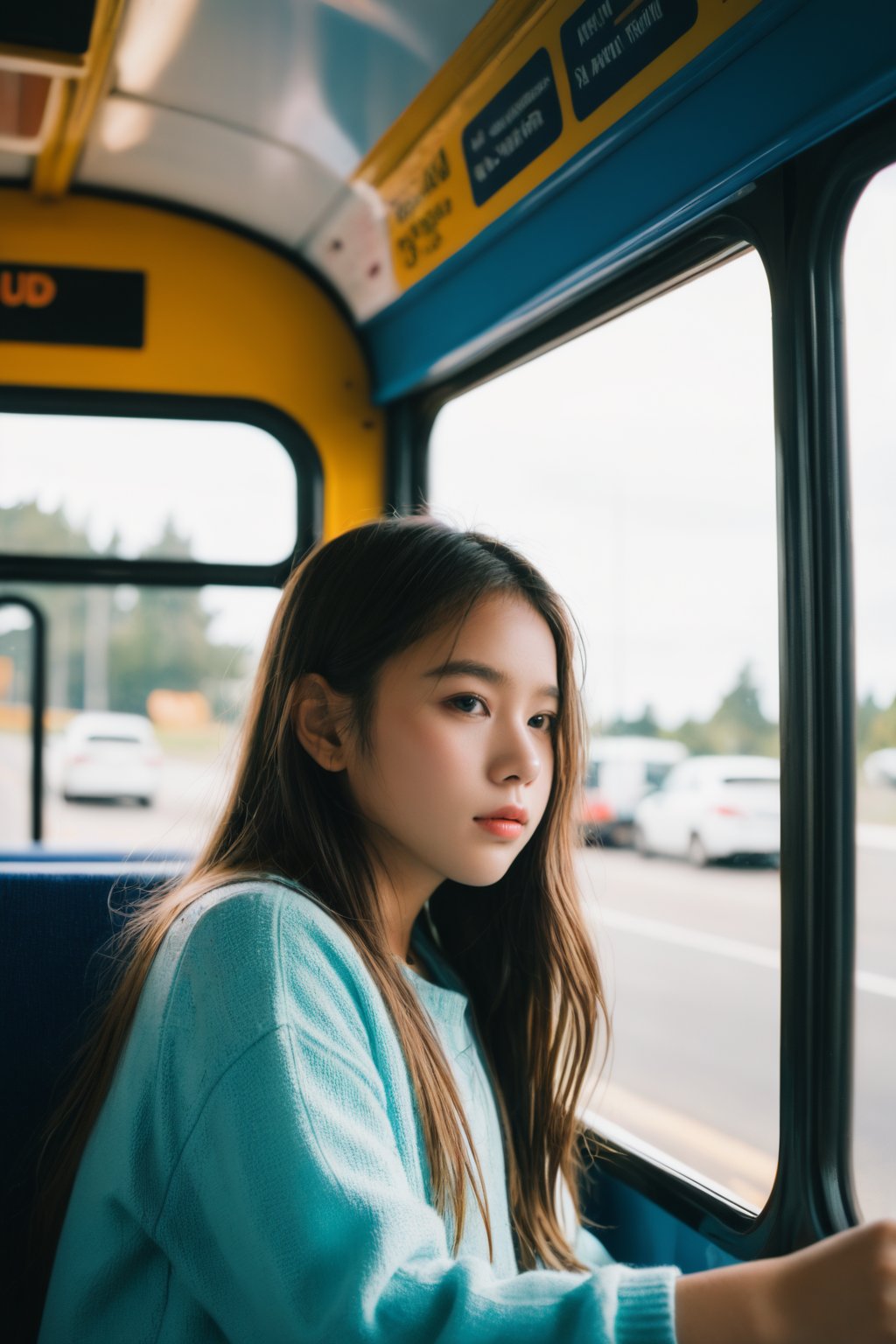 Young girl sitting on a bus, natural lighting from window, iPhone XS, 35mm lens, soft and subtle lighting, girl centered in frame, shoot from eye level, incorporate cool and calming colors