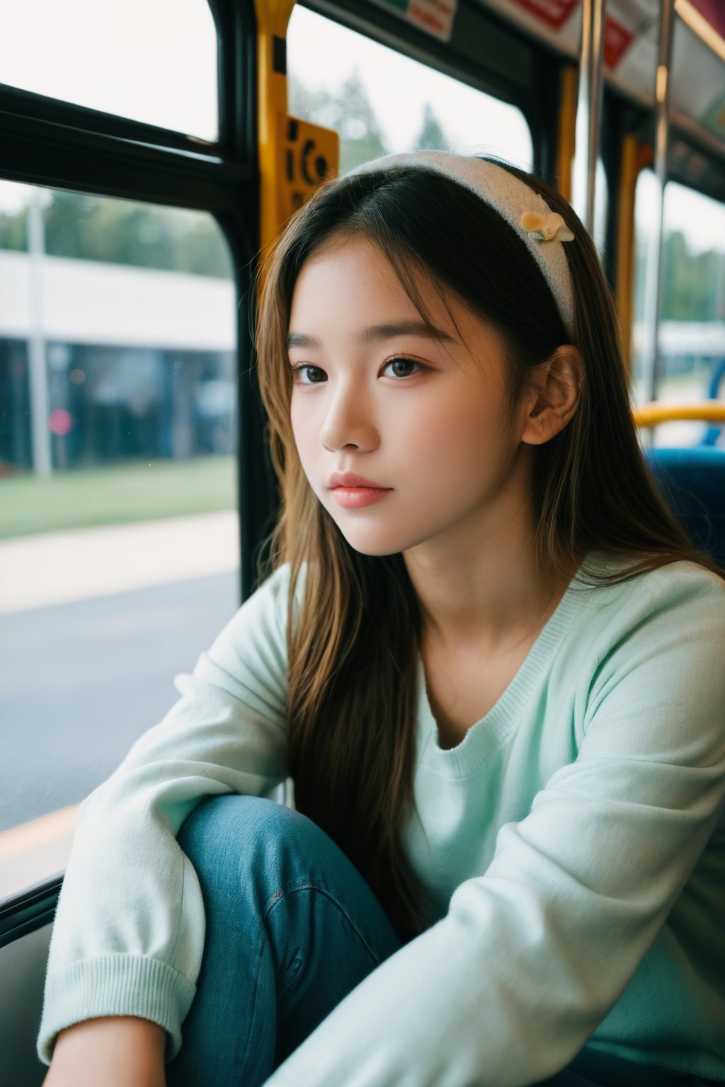 Young girl sitting on a bus, natural lighting from window, iPhone XS, 35mm lens, soft and subtle lighting, girl centered in frame, shoot from eye level, incorporate cool and calming colors