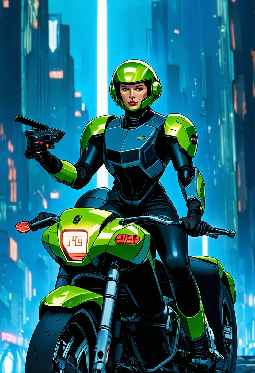 a woman with a delicate and beautiful face, dressed in a black and green mecha, wearing a mecha helmet, holding a directional controller, riding on a motorcycle, the background is a high-tech lighting scene of the future city.