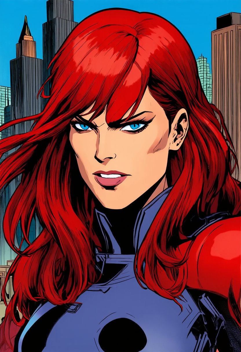 headshot portrait of black widow, marvel comics, detailed, red hair, smug, city background