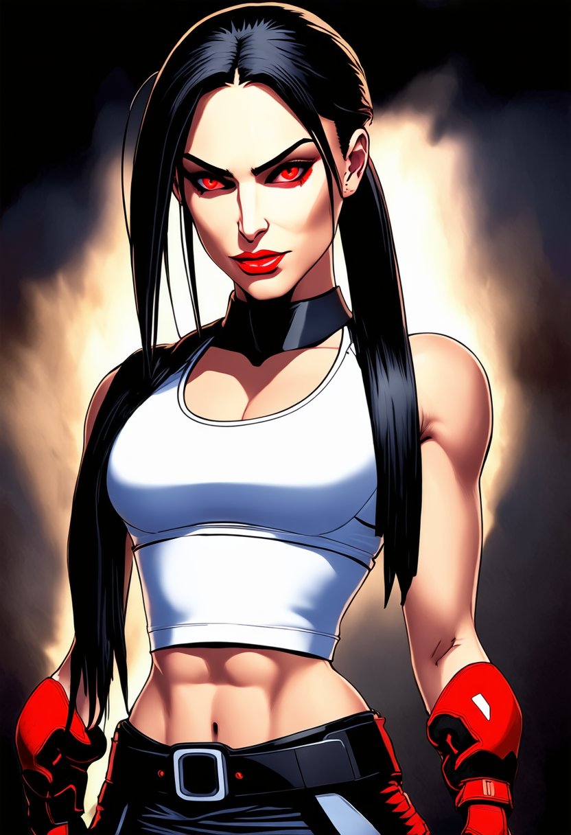  portrait of Tifa lockhart, upper body, white top, red eyes, red gloves, gym, detailed