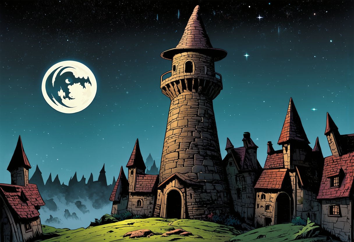 Illustration of a fantasy landscape, featuring a ominous wizard tower floating above a medieval town, night sky, full moon, stars, fog, detailed