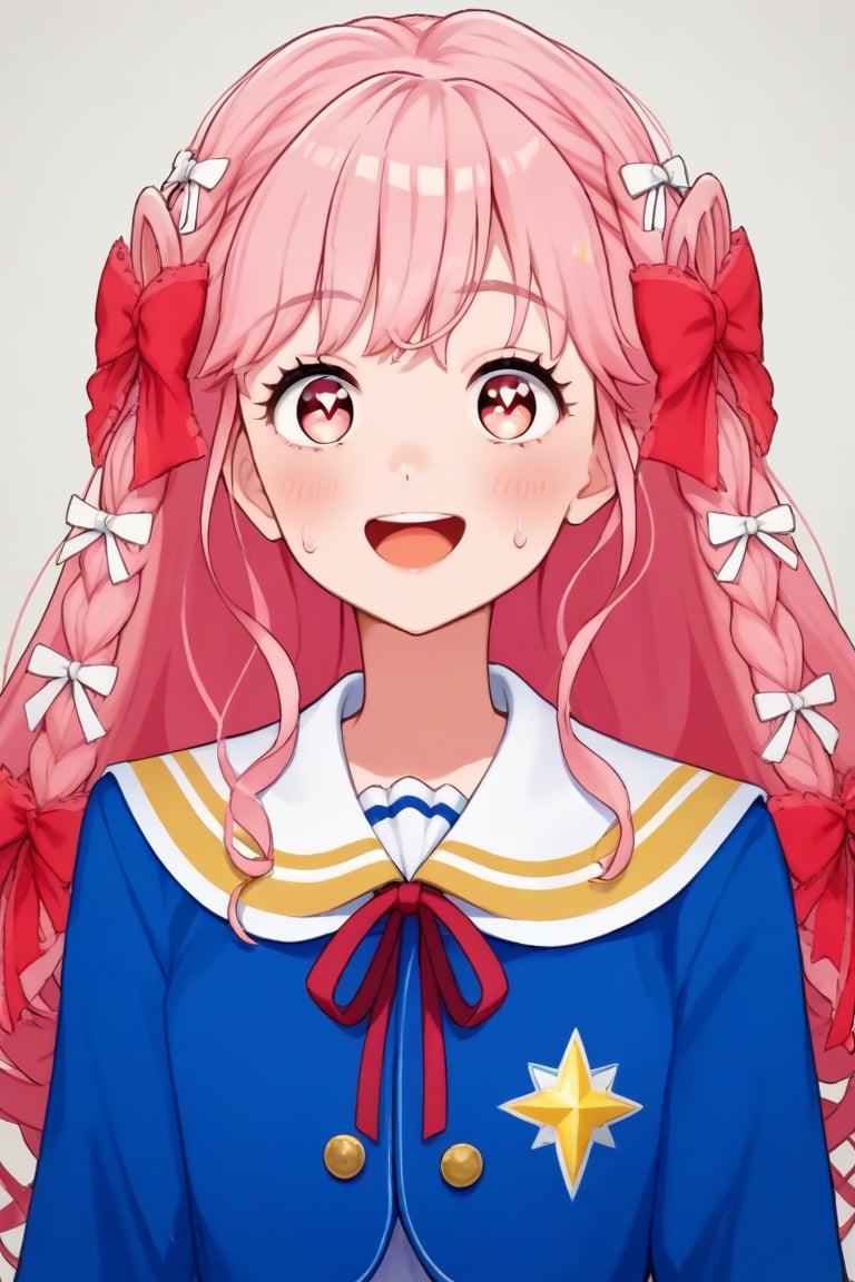 score_9, score_8_up, score_7_up, score_6_up, score_5_up, score_4_up , , himenomieru, 1girl, solo, (upper body:1.2)  ,  pink hair,  , smile, long hair, pink eyes, bow, hair bow, open mouth , red and white hair hair ribbon, looking at viewer , huge breats,  , embarassed, blush, sweat, looking at viewer,    blue jacket, heart in eyes, sfw
