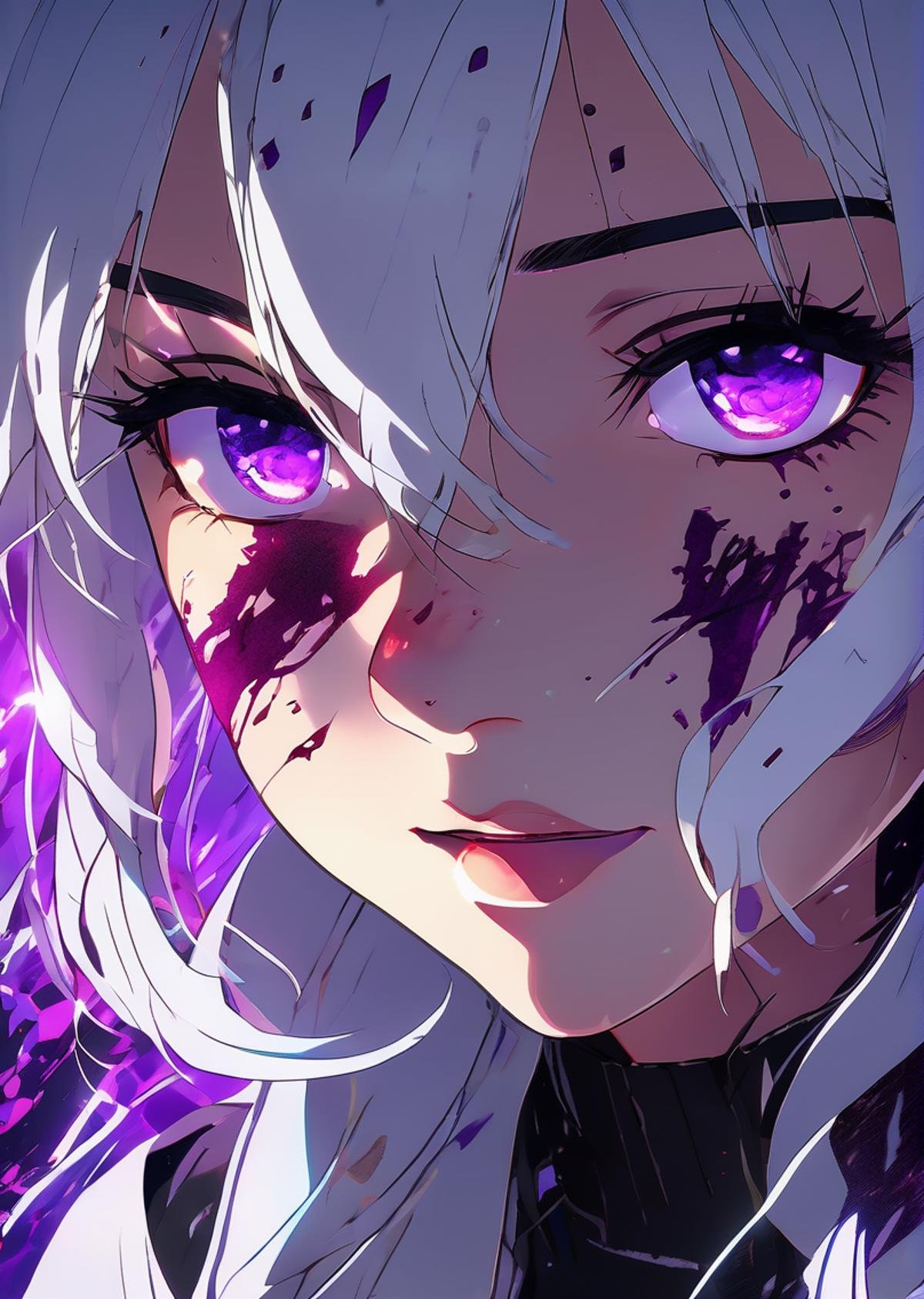 ((cinematic light)), colorful, hyper detail, dramatic light,(1girl, solo,white hair, sharp face,purple eyes, hair between eyes,dynamic angle), blood splatter, swirling black light around the character, black light particles,(broken glass),magic circle,<lora:neg4all_bdsqlsz_xl_V7:1>