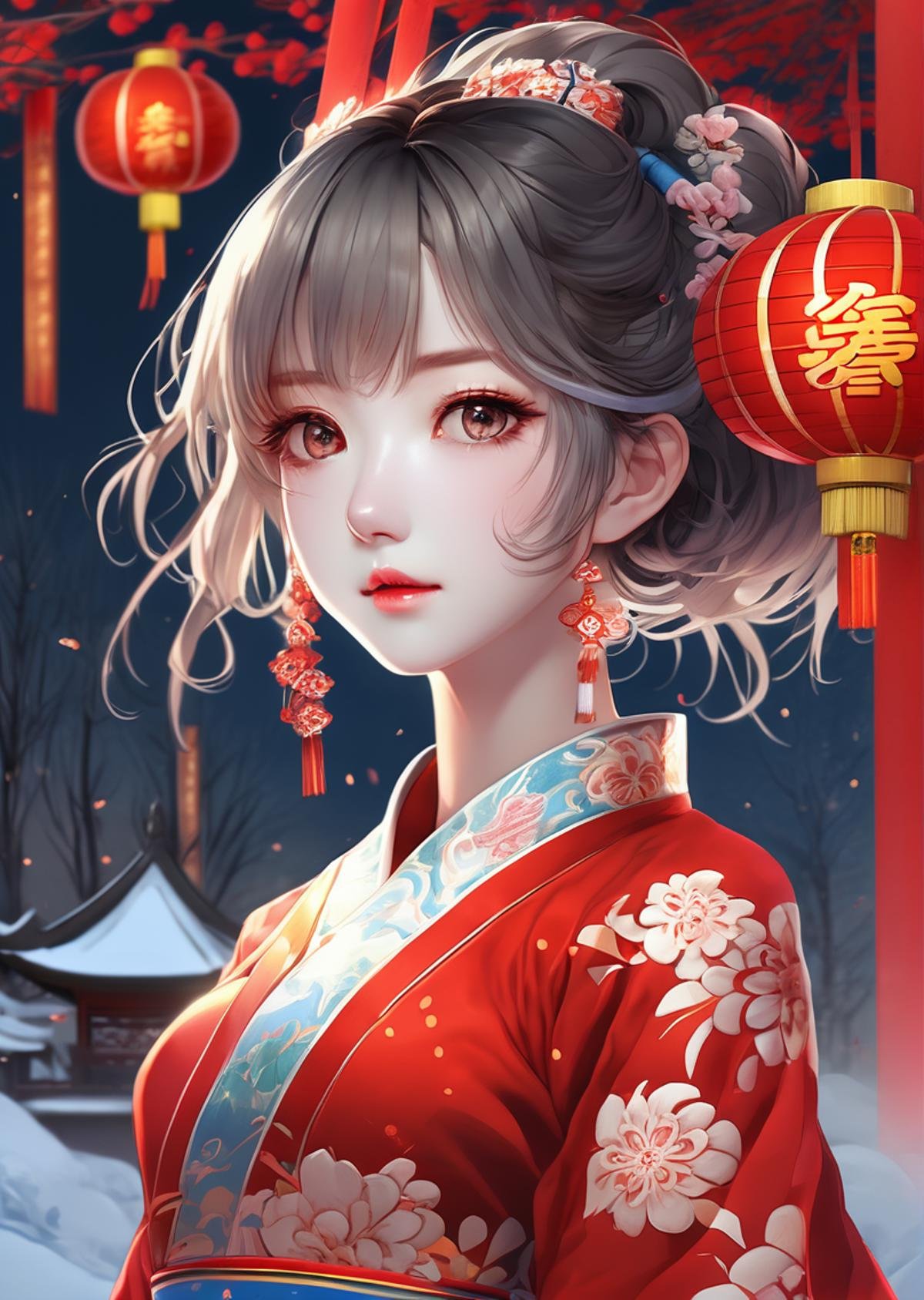 (an extremely delicate and beautiful),((masterpiece)), (((best quality))), ((ultra-detailed)), ((illustration)),((solo)),((((a girl)))),(beautiful detailed girl),(((cheongsam))),((((((arms_behind_back)))))) ,red eyes,((((beautiful detailed eyes)))),white hair,spring festival,(((chinese new year))),(((snow))),((lunar new year)),firecracker,Temple Fair,((busy street)),(detailed fireworks), finely detail,(firecracker),((the best building)),(((best shadow))),many people,(Flying snowflakes)