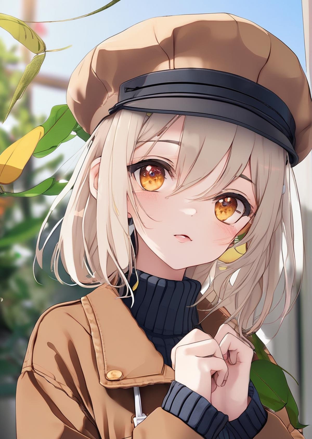 close up,  bokeh, cute, 1girl, solo, beret, hair clip, beige hair, round eyewear, brown jacket, turtleneck sweater, upper body, looking at viewer, yellow eyes, closed mouth, leaf, white background, plant<lora:neg4all_bdsqlsz_xl_V7:2>