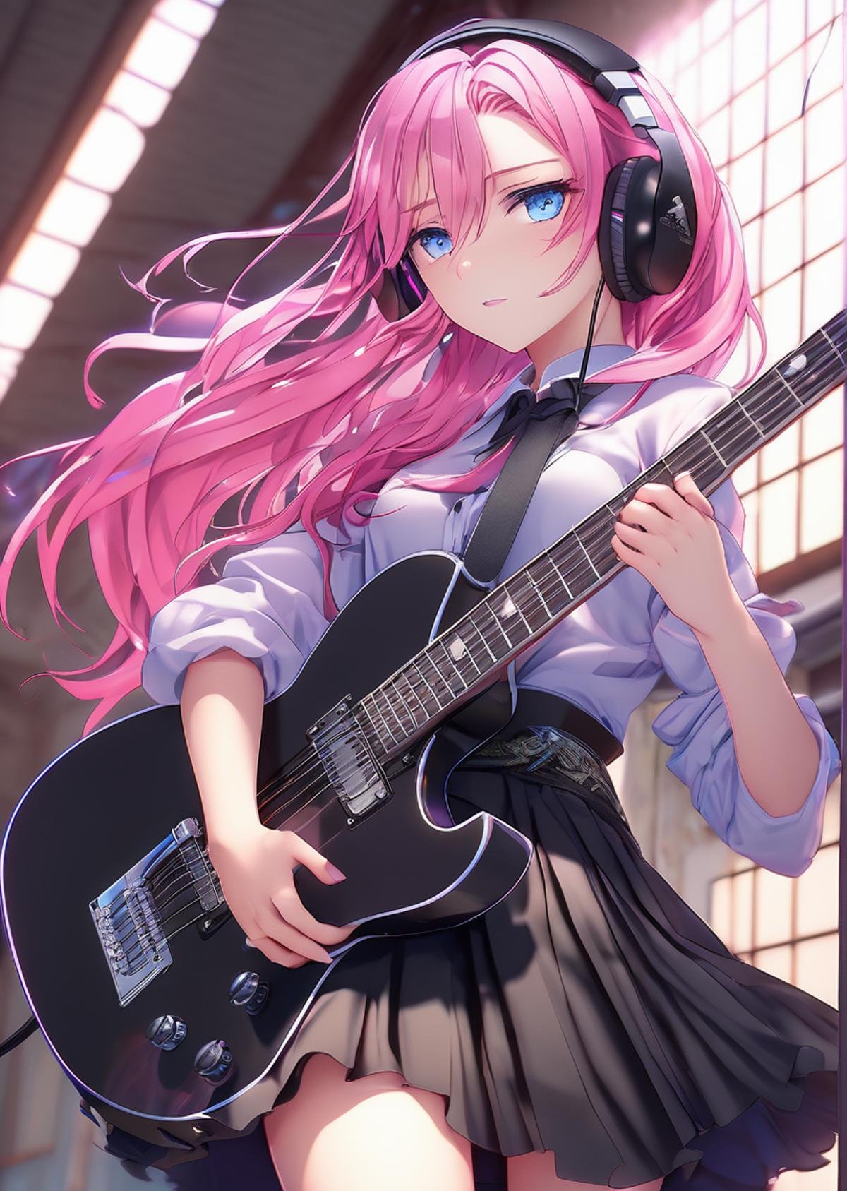 1girl, ((cinematic light)), colorful, hyper detail, dramatic light, (girl:1.5), solo, black skirt, blue eyes, electric guitar, guitar, headphones, holding, holding plectrum, instrument, long hair, music, one side up, pink hair, playing guiter, pleated skirt, black shirt, indoors ((caustic)), dynamic angle,beautiful detailed glow,full body, cowboy shot,<lora:neg4all_bdsqlsz_xl_V7:1>