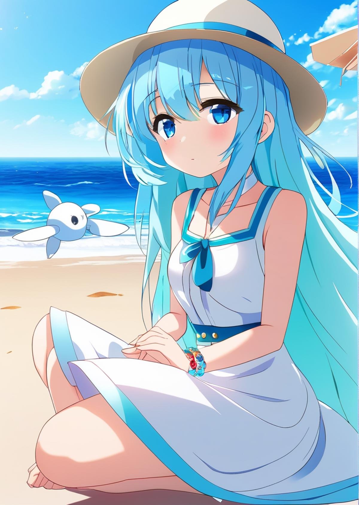 atomosphere fog, 1girl, sitting, kneeling, solo, cloud, outdoors, bracelet, white dress, aqua hair, blue eyes, beach, short hair, day, water, sleeveless, ocean, white hat, blue sky