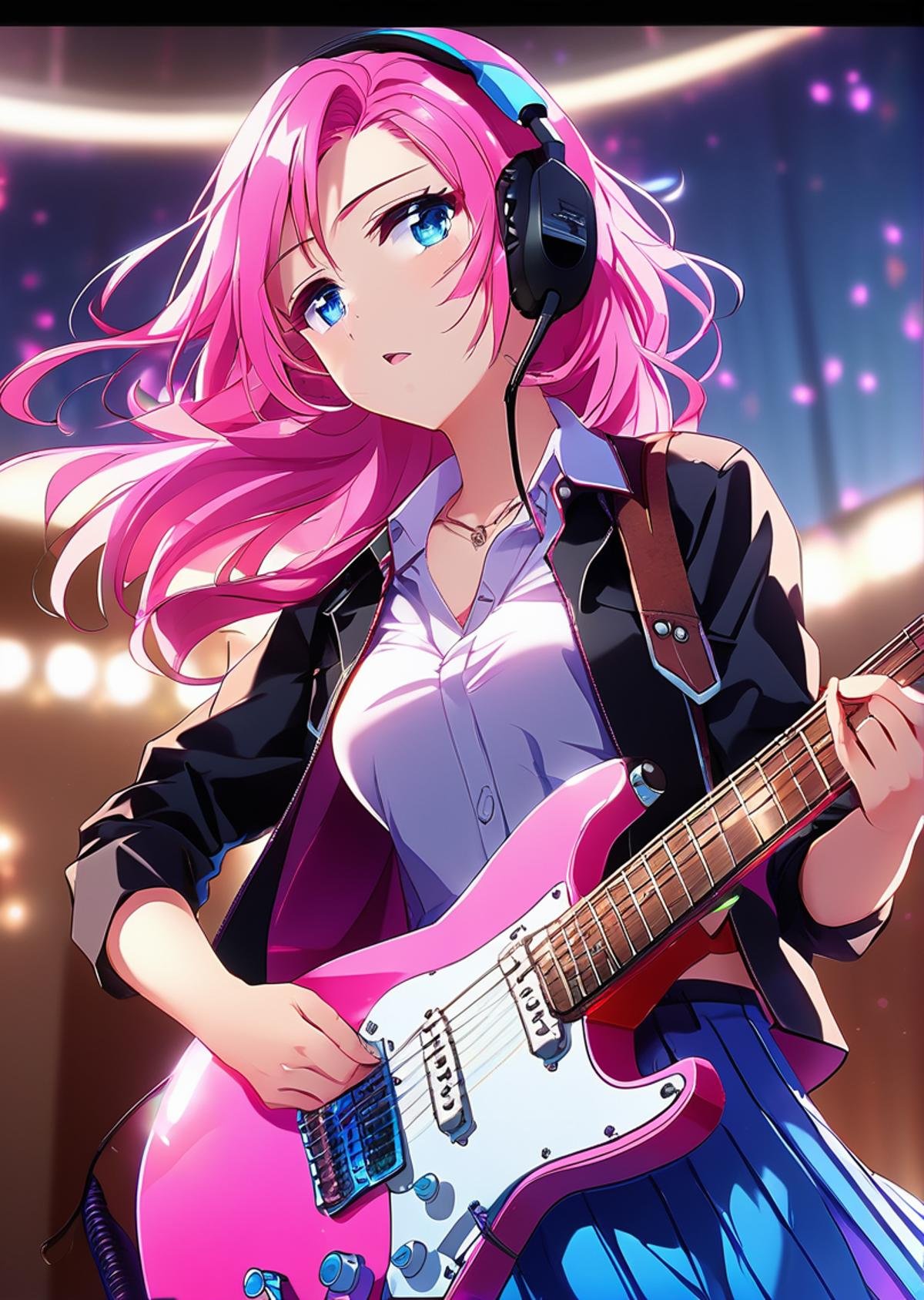 1girl, ((cinematic light)), colorful, hyper detail, dramatic light, (girl:1.5), solo, black skirt, blue eyes, electric guitar, guitar, headphones, holding, holding plectrum, instrument, long hair, music, one side up, pink hair, playing guiter, pleated skirt, black shirt, indoors ((caustic)), dynamic angle,beautiful detailed glow,full body, cowboy shot,