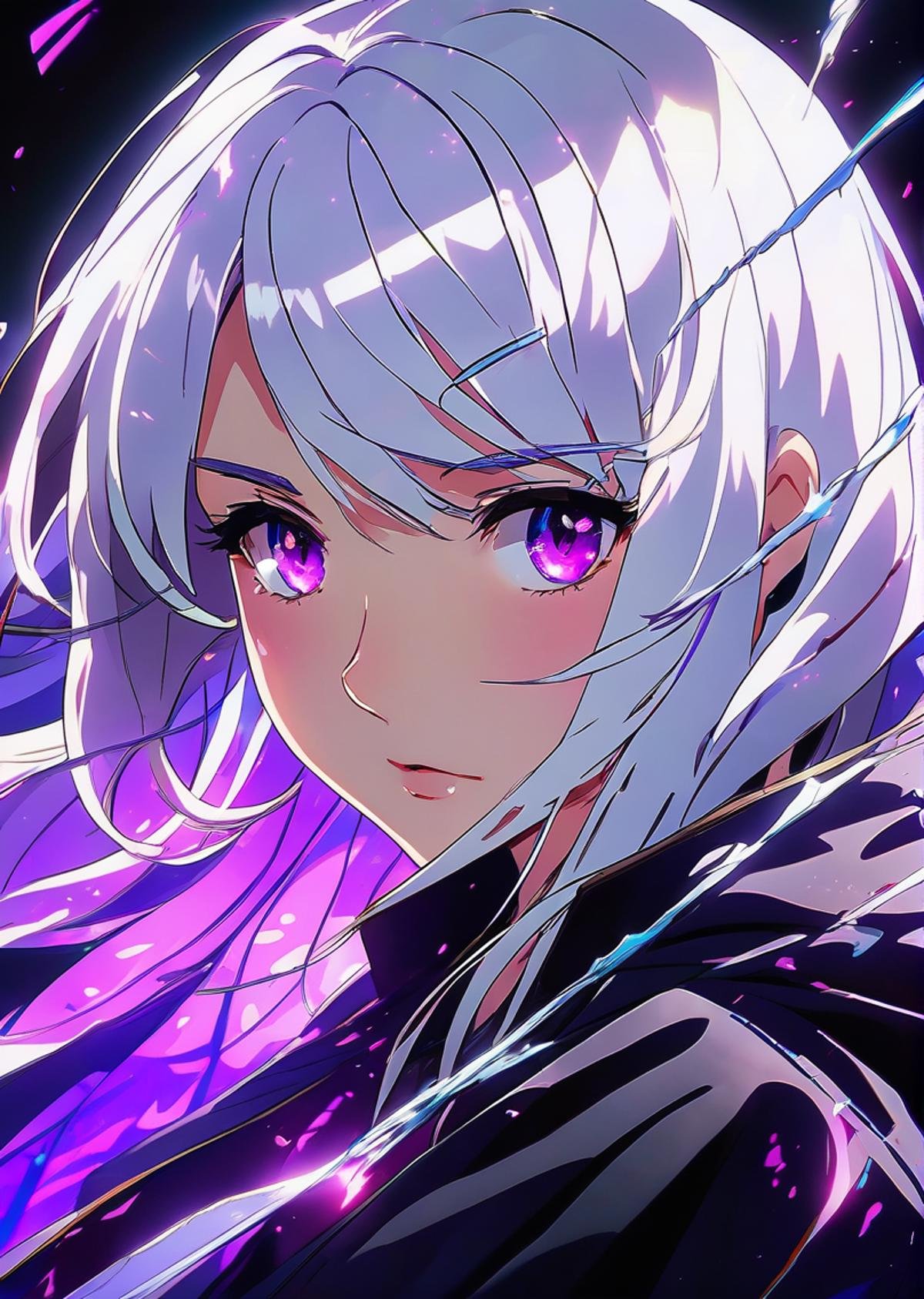 ((cinematic light)), colorful, hyper detail, dramatic light,(1girl, solo,white hair, sharp face,purple eyes, hair between eyes,dynamic angle), blood splatter, swirling black light around the character, black light particles,(broken glass),magic circle,