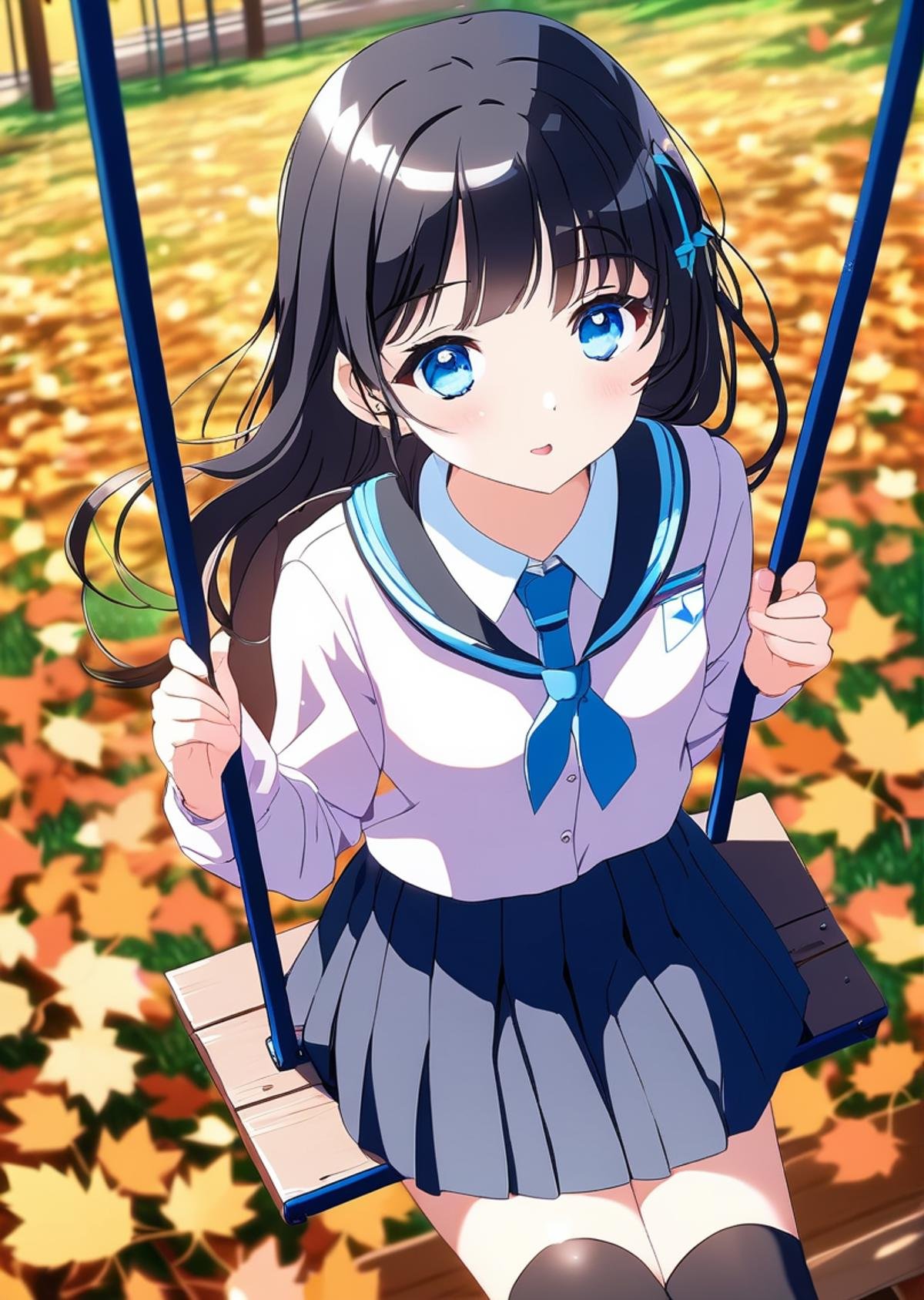 pastel color, from above, upper body, 1girl sitting on a swing, school uniform, black hair, blue eyes, autumn, park 