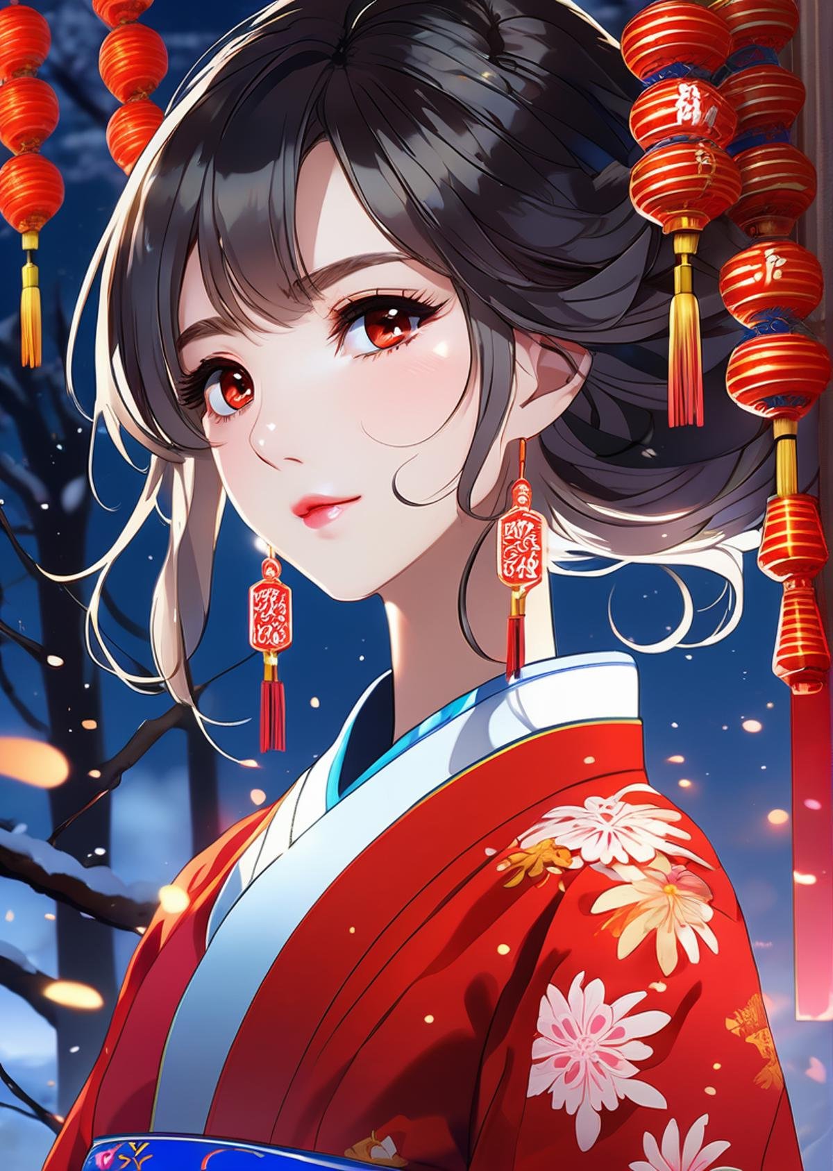 (an extremely delicate and beautiful),((masterpiece)), (((best quality))), ((ultra-detailed)), ((illustration)),((solo)),((((a girl)))),(beautiful detailed girl),(((cheongsam))),((((((arms_behind_back)))))) ,red eyes,((((beautiful detailed eyes)))),white hair,spring festival,(((chinese new year))),(((snow))),((lunar new year)),firecracker,Temple Fair,((busy street)),(detailed fireworks), finely detail,(firecracker),((the best building)),(((best shadow))),many people,(Flying snowflakes)