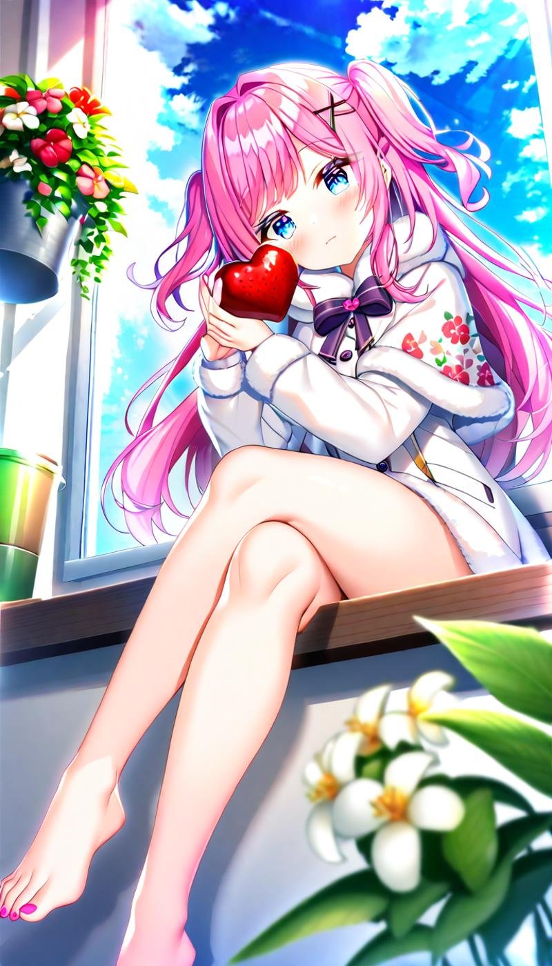 1girl,safe, masterpiece, newest, absurdres,best quality, animal, bare legs, barefoot, blue eyes, blue sky, blurry, blurry foreground, blush, box, braid, buttons, closed mouth, cloud, cloudy sky, crossed legs, day, depth of field, dutch angle, eyelashes, feet, fingernails, floral print, flower, food, fruit, full body, fur trim, fur-trimmed capelet, fur-trimmed coat, fur-trimmed sleeves, hair intakes, hair ornament, hairclip, hands up, head tilt, heart, holding, holding animal, holding fruit, ice cream, ice cream float, indoors, light blush, long hair, long sleeves, looking at viewer, nail polish, on bed, pink hair, pink nails, plant, potted plant, purple ribbon, red flower, reflection, ribbon, shirt, sidelocks, sitting, sky, solo, sunlight, toes, very long hair, white flower, white shirt, window, wind, x hair ornament