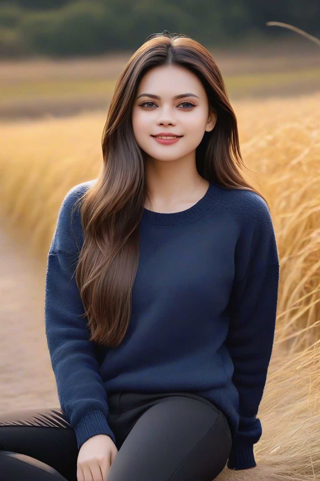 1girl, solo, long hair, smile, brown hair, shirt, black hair, long sleeves, closed eyes, outdoors, pants, sweater, head tilt, black pants, realistic, photo background,  (RAW photo, best quality), (realistic, photo-Realistic:1.1), best quality, masterpiece, beautiful and aesthetic, 16K, (HDR:1.2), high contrast, (vibrant color:1.3), (muted colors, dim colors, soothing tones:0), cinematic lighting, ambient lighting, sidelighting, Exquisite details and textures, cinematic shot, Warm tone, (Bright and intense:1.1), wide shot, by xm887, ultra realistic illustration, siena natural ratio,	head to thigh portrait,	long Wave hair, 