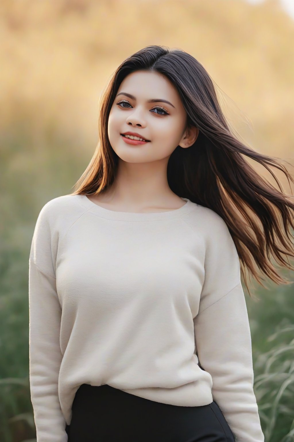 1girl, solo, long hair, smile, brown hair, shirt, black hair, long sleeves, closed eyes, outdoors, pants, sweater, head tilt, black pants, realistic, photo background,  (RAW photo, best quality), (realistic, photo-Realistic:1.1), best quality, masterpiece, beautiful and aesthetic, 16K, (HDR:1.2), high contrast, (vibrant color:1.3), (muted colors, dim colors, soothing tones:0), cinematic lighting, ambient lighting, sidelighting, Exquisite details and textures, cinematic shot, Warm tone, (Bright and intense:1.1), wide shot, by xm887, ultra realistic illustration, siena natural ratio,	head to thigh portrait,	long Wave hair, 