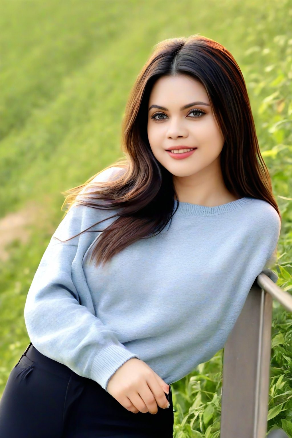 1girl, solo, long hair, smile, brown hair, shirt, black hair, long sleeves, closed eyes, outdoors, pants, sweater, head tilt, black pants, realistic, photo background,  (RAW photo, best quality), (realistic, photo-Realistic:1.1), best quality, masterpiece, beautiful and aesthetic, 16K, (HDR:1.2), high contrast, (vibrant color:1.3), (muted colors, dim colors, soothing tones:0), cinematic lighting, ambient lighting, sidelighting, Exquisite details and textures, cinematic shot, Warm tone, (Bright and intense:1.1), wide shot, by xm887, ultra realistic illustration, siena natural ratio,	head to thigh portrait,	long Wave hair, 