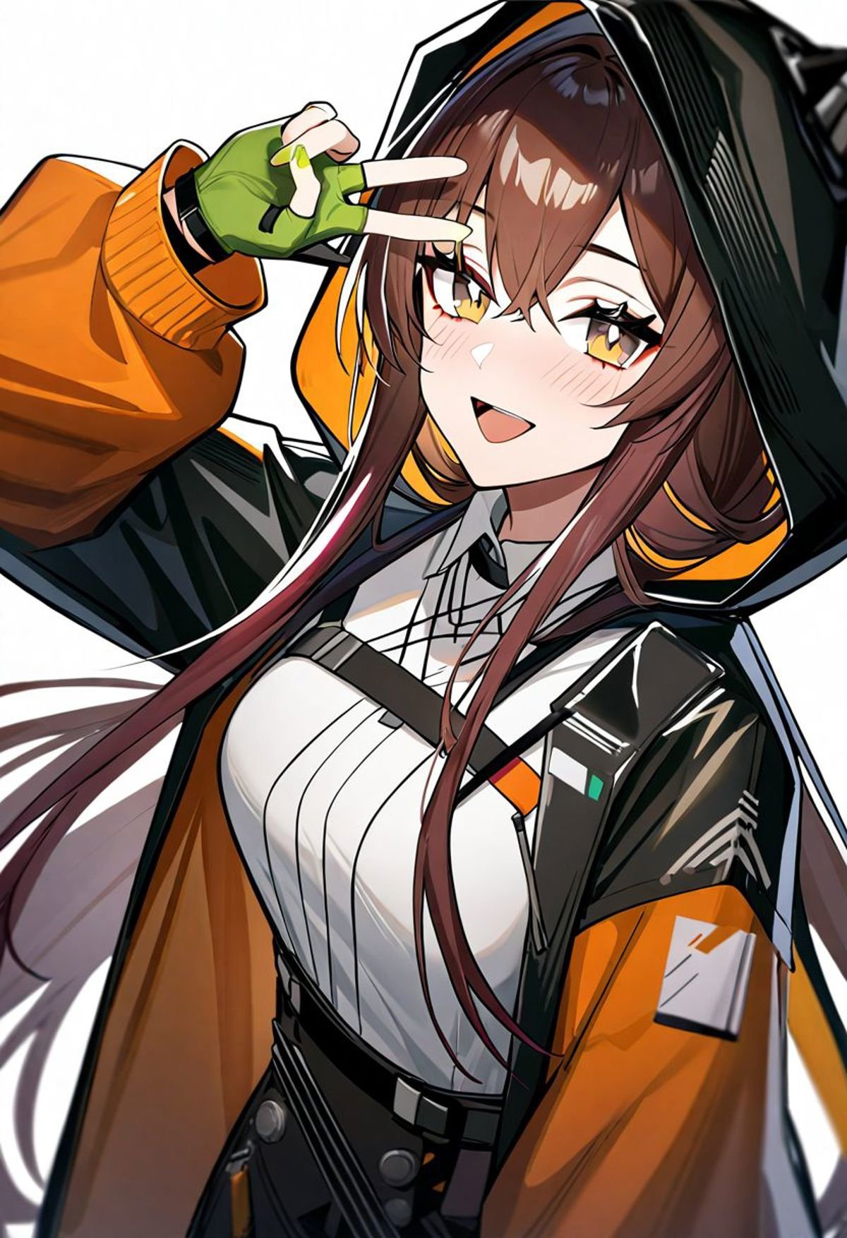 1girl, kafka \(arknights\), arknights,  gloves, upper body, very long hair, white background, feather hair, :d, hood, hoodie, hooded jacket, black jacket, looking at viewer, multicolored nails, orange nails, orange jacket, jacket, yellow eyes, long hair, fingernails, shirt, blue nails, fingerless gloves, brown hair, blush, simple background, smile, v, long sleeves, white shirt, open mouth, green nails, twitter username, nail polish, hair between eyes, hood up, solo, hand up, orange hoodie, jacket over hoodie, green gloves, very aesthetic, masterpiece, best quality, absurdres, sensitive