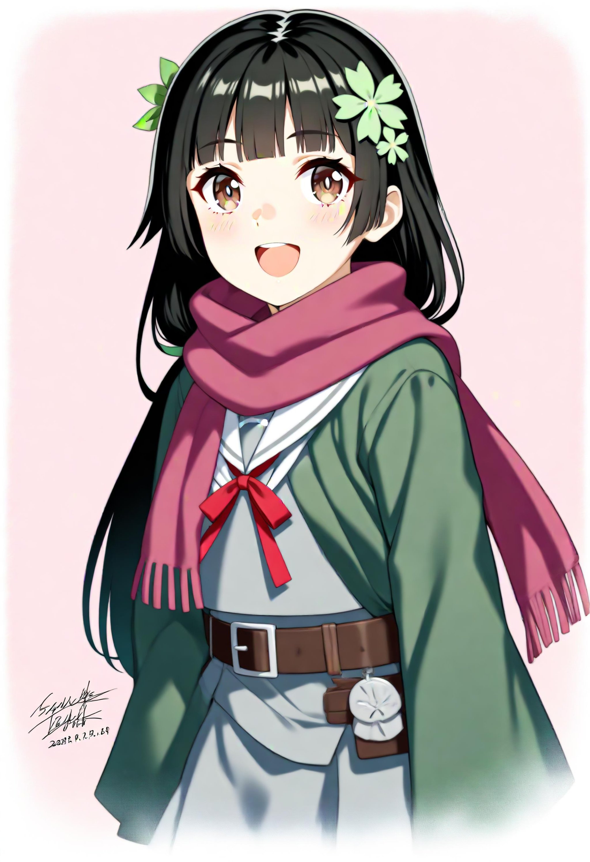 1girl, type 100 \(girls' frontline\), girls' frontline,  simple background, uniform, belt, ribbon, brown eyes, hair ornament, type 100, solo, scarf, hair ribbon, blunt bangs, :d, serafuku, flower, collar, neck ribbon, long hair, pink background, green coat, coat, open mouth, looking to the side, hair flower, long sleeves, smile, grey serafuku, tsurime, school uniform, dated, signature, black hair, masterpiece, best quality, newest, absurdres, safe