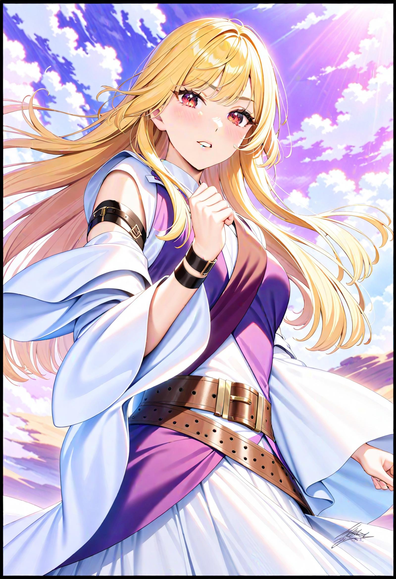 1girl,    black border, layered sleeves, clenched hand, solo, long dress, belt, white dress, floating hair, wide sleeves, day, teeth, lips, red eyes, purple sky, outdoors, straight hair, looking at viewer, purple vest, blonde hair, buckle, belt buckle, upper body, hand up, arm strap, long sleeves, cloud, long hair, dress, brown belt, signature, border, sky, parted lips, masterpiece, best quality, newest,  safe