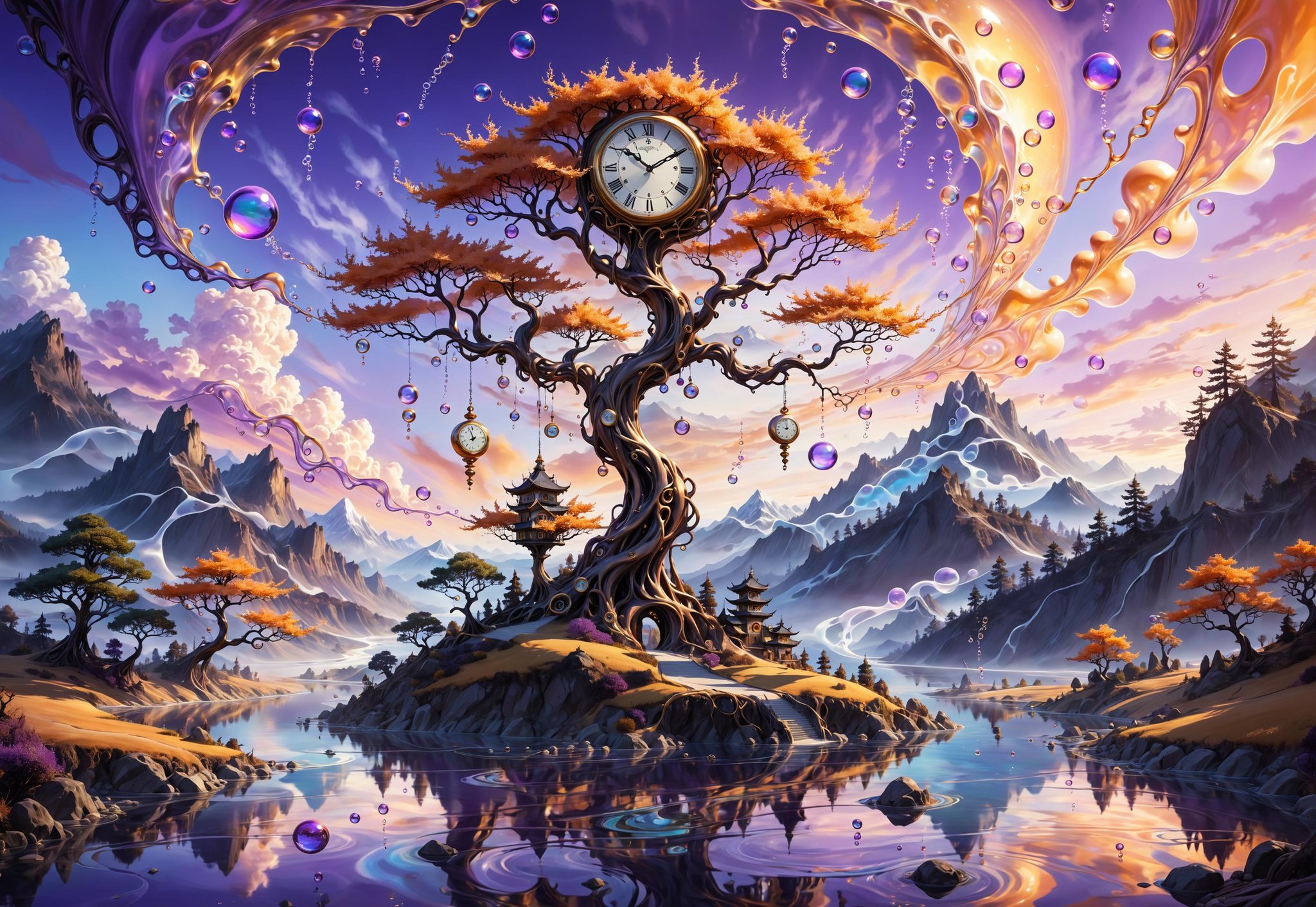 surrealist landscape, melting mountains, floating clock, twisted trees, spiral trunks, human eye leaves, river of gold, shimmering reflections, translucent bubbles, miniature scenes, fantastical creatures, purple sky, orange horizon, iridescent clouds, dreamlike colors (masterpiece:1.2), (best quality:1.2), ultra-detailed, best shadow, detailed background, high contrast, (best illumination, an extremely delicate and beautiful), ((cinematic light)), 8k, anime, very aesthetic,