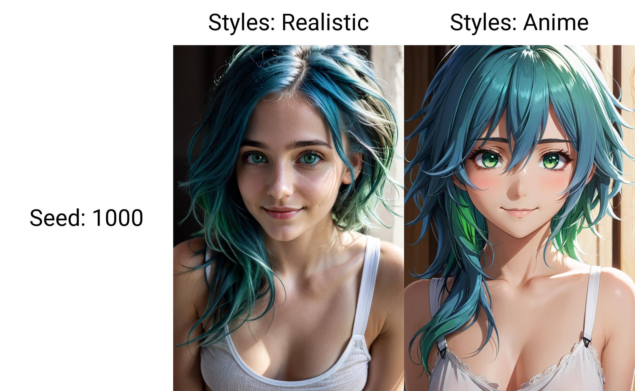 a beautiful blue haired girl, long messy hair, beautiful detailed deep green eyes,  shy smile, small breasts, white tank top with wide straps, upper body view, photorealistic, realistic,(masterpiece:1.2), (best quality:1.2), ultra-detailed, best shadow, detailed background, high contrast, (best illumination, an extremely delicate and beautiful), ((cinematic light)), hyper detail, dramatic light, intricate details, 8k,  very aesthetic,