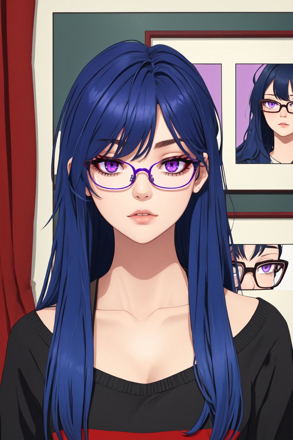 dark_blue hair,red-framed_glasses,long_hair,purple_eyes