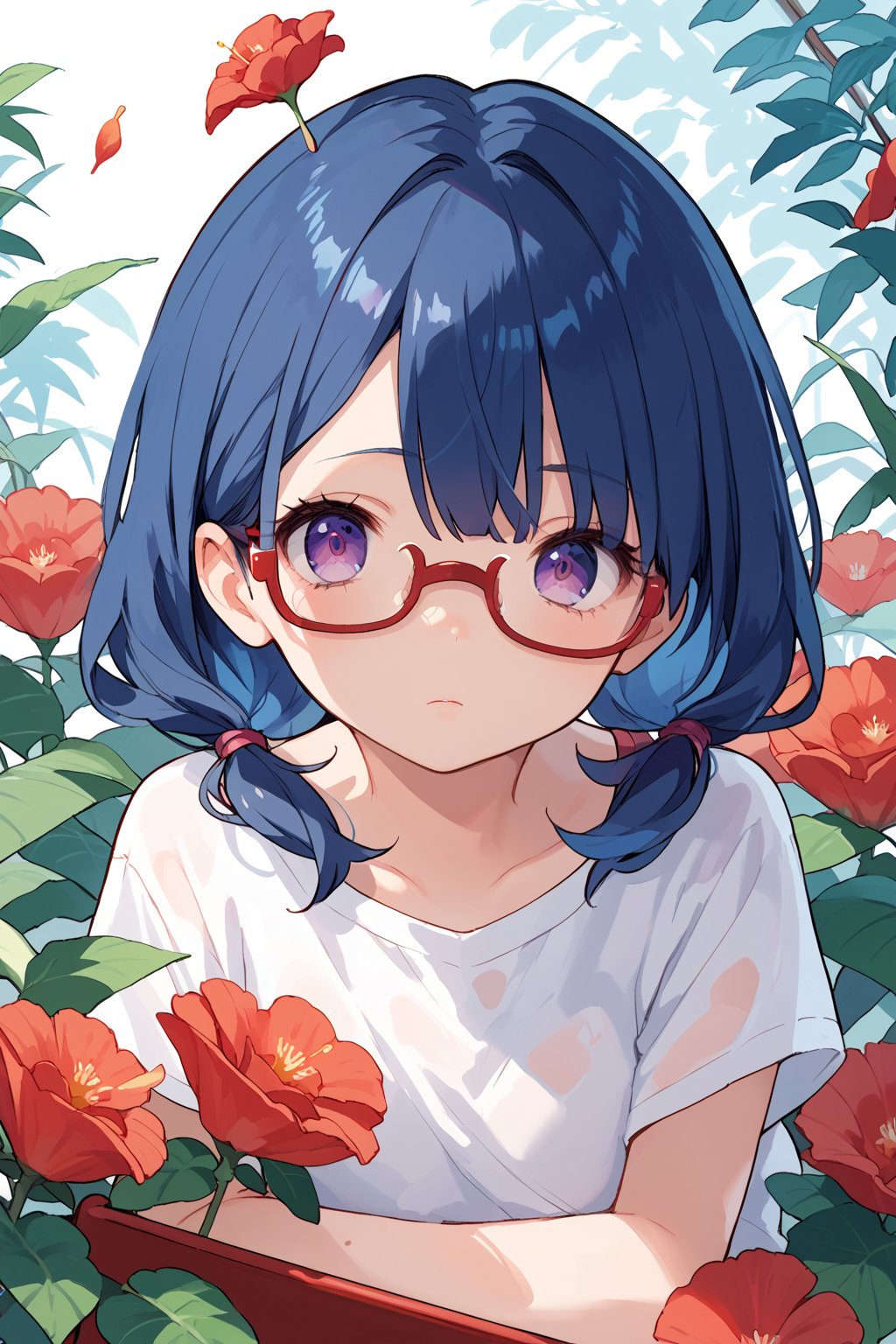 dark_blue hair,red-framed_glasses,long_hair,purple_eyes, score_9_up, score_8_up,score_7_up,source_anime,BREAK