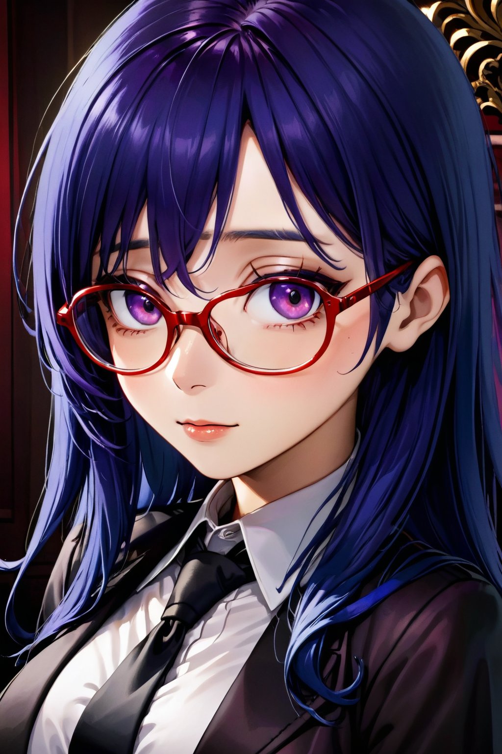 dark_blue hair,red-framed_glasses,long_hair,purple_eyes