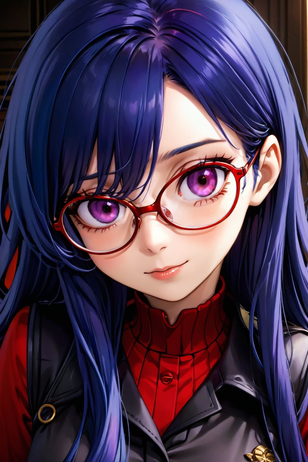 dark_blue hair,red-framed_glasses,long_hair,purple_eyes