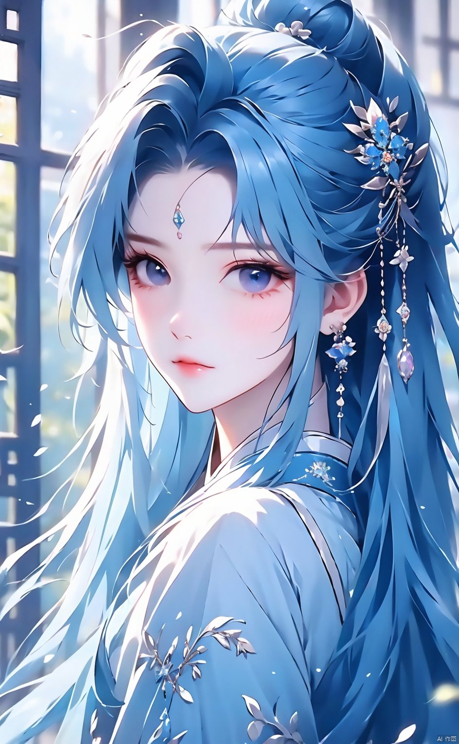 masterpiece,8k,best quality,1girl,solo,kawaii,hanfu,,ancient customs,long hair,indoors,parted bangs,light blue hair,(depth of field),close-up,,gem,pout,updo,chinese clothes